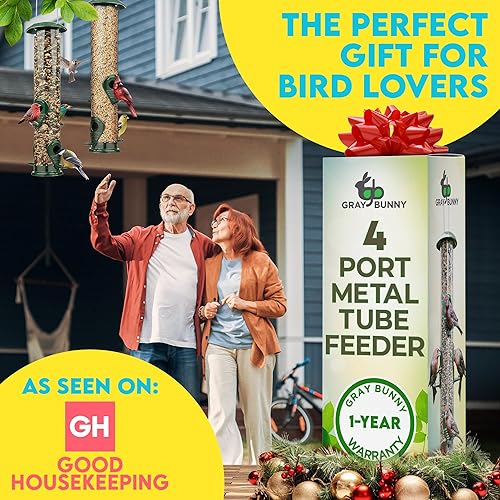 Miniatura 4 de Gray Bunny Comedero de metal para pájaros, 4 puertos, para colgar al aire libre, resistente, a prueba de mordeduras y óxido, 15 pulgadas
