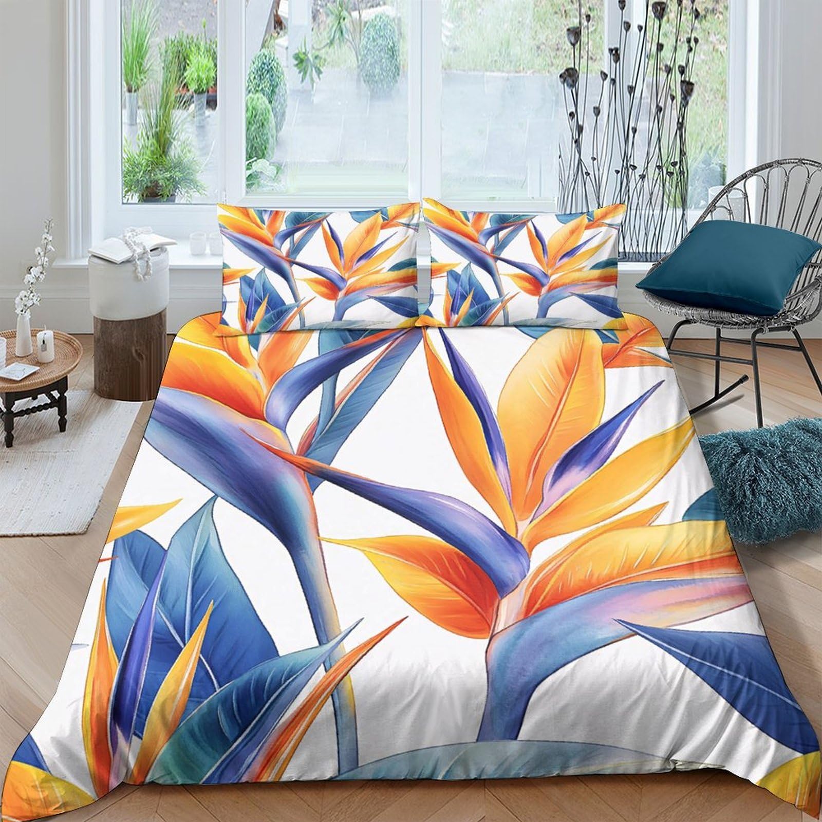 GPLZQXKJNH 3D Printed Bird of Paradise Duvet Cover Microfiber Soft Breathable Tropical Leaves Bedding Set with 2 Pillowcases for Bedroom Decor Single（135x200cm）