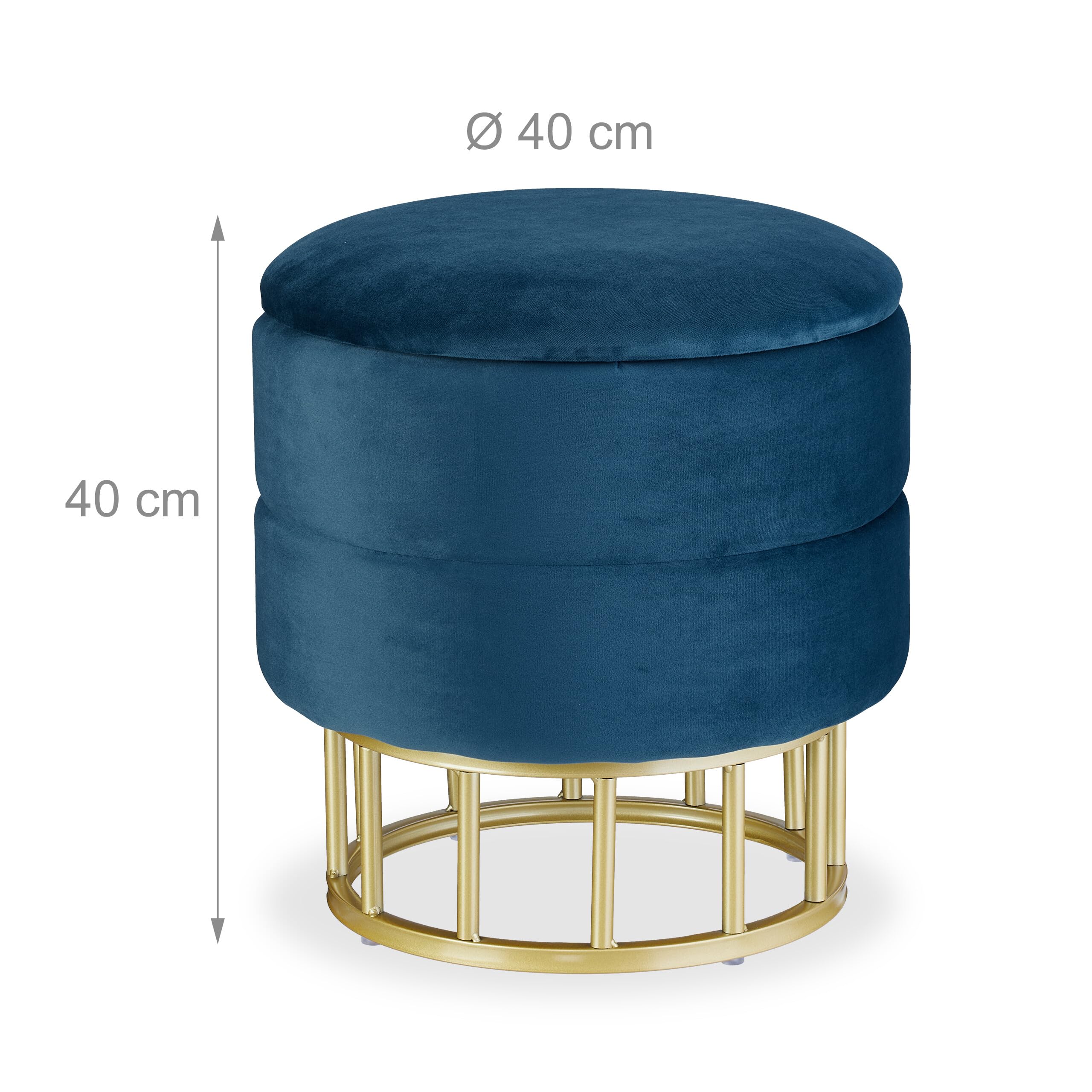 Relaxdays Samthocker mit Stauraum, runder Sitzhocker, gepolstert, Wohnzimmer, H x D: 40 x 40 cm, Hocker Samt, blau/Gold