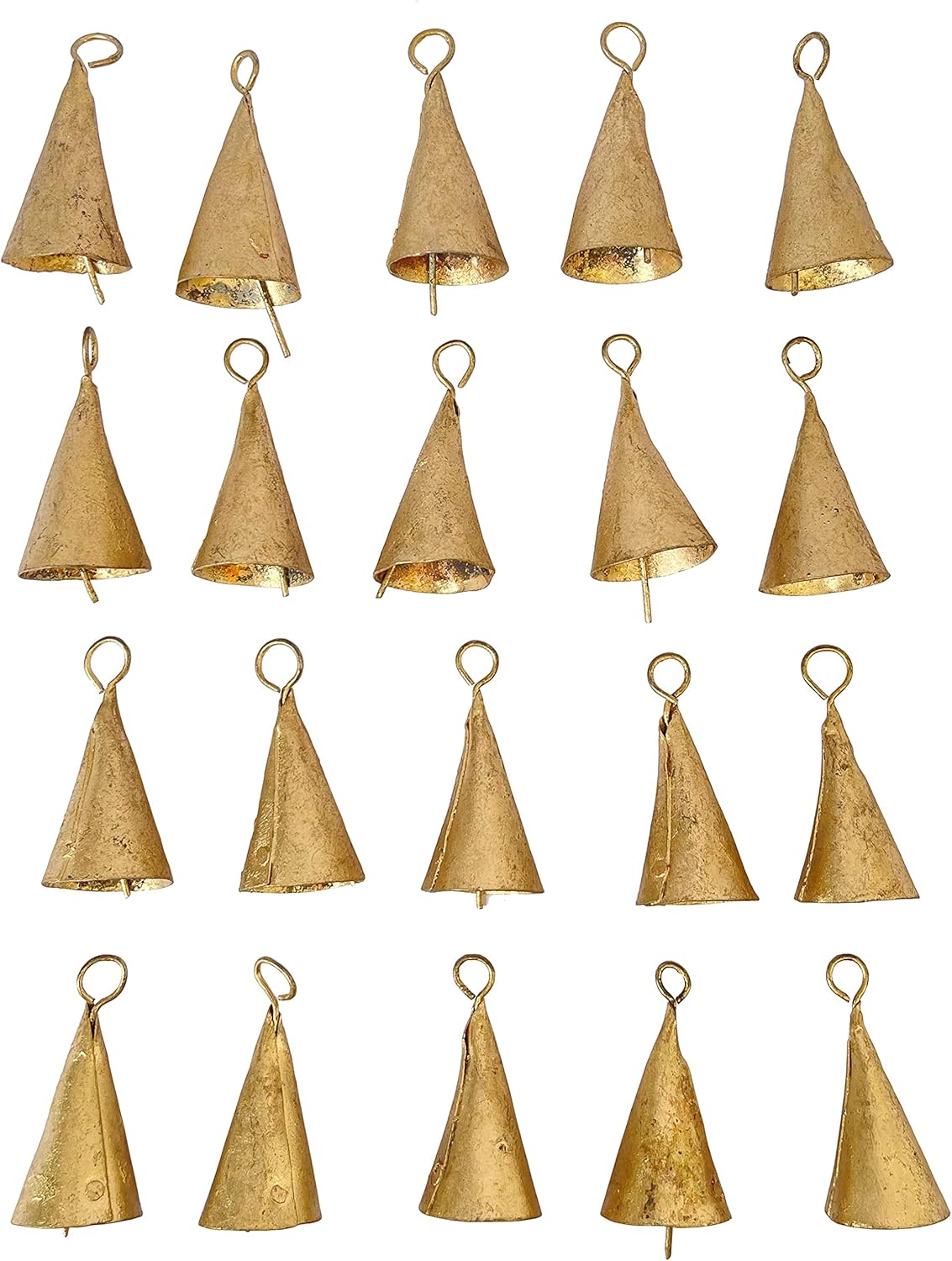 20 Pcs Small Gold Metal Craft Bells 2"– Rustic Cone Cow Bells for Crafts, Jingle Bells for Crafting, Christmas Bell Tree Ornaments, Witch Bells, Vintage Boho Decor, Garden Wind Bell, Sleigh