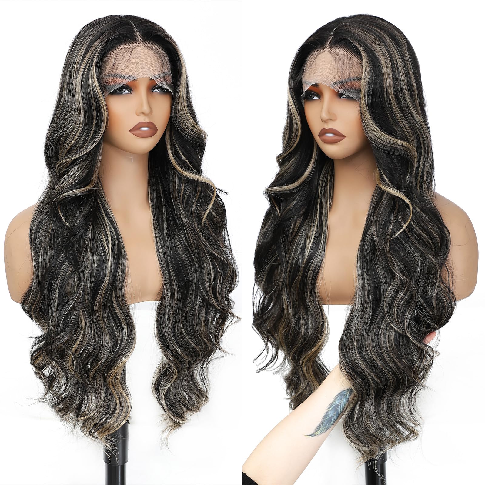 FABÉLLE Perruque Blonde à Reflets Ombre Lace Front Perruque 30pouces Body Wave pour Femmes Pré-épilée avec des Cheveux de Bébé Couleur de l'éclaircissement Perruque Synthétique Perruque Sans Colle