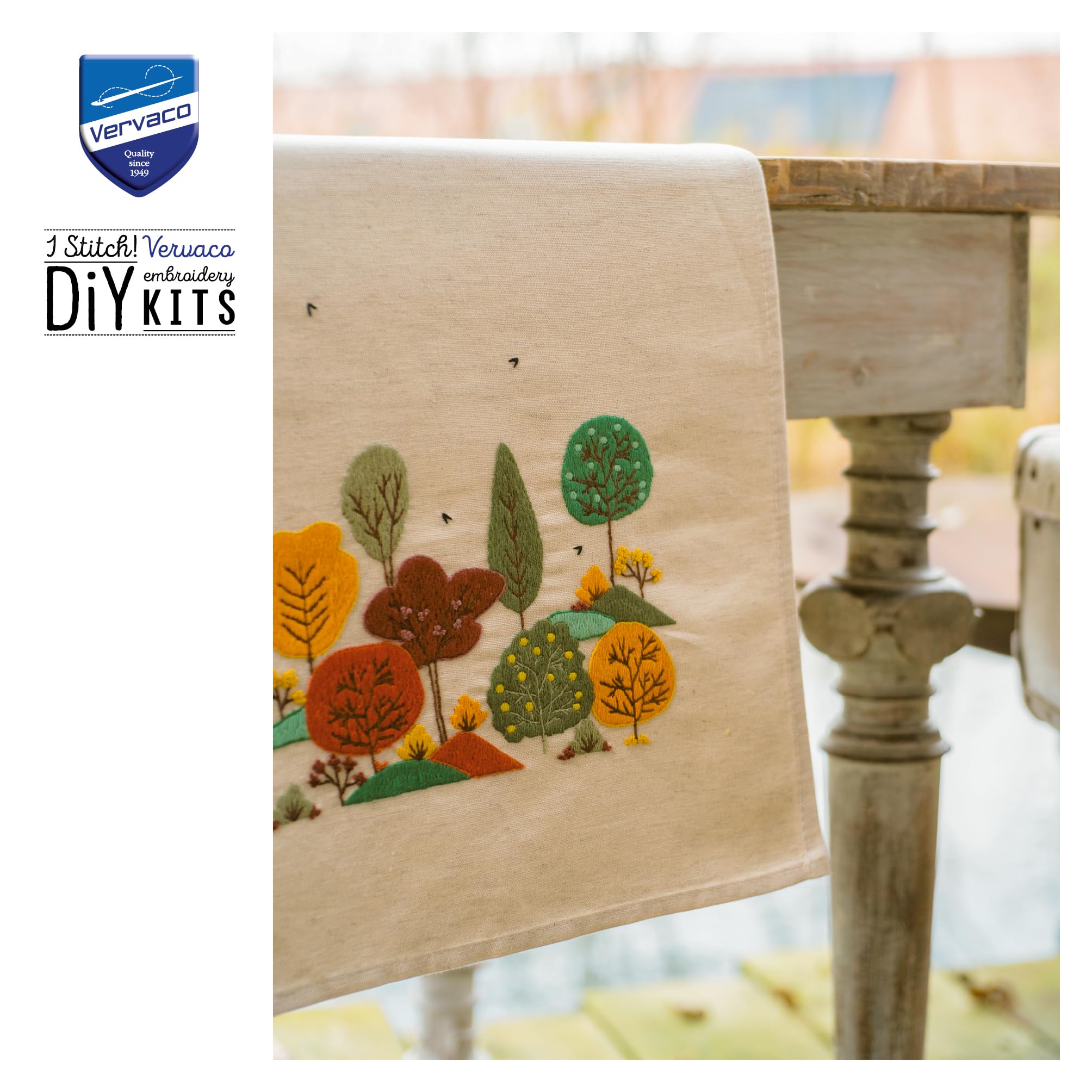 Vervaco Stickpackung Tischläufer Sticken Set Erwachsene Vorgedruckt Herbstwald Stickläufer zum Selbersticken Vorgezeichnet Decke Sticken Stickpackung Plattstich 35 x 95 cm Kreatives Geschenk