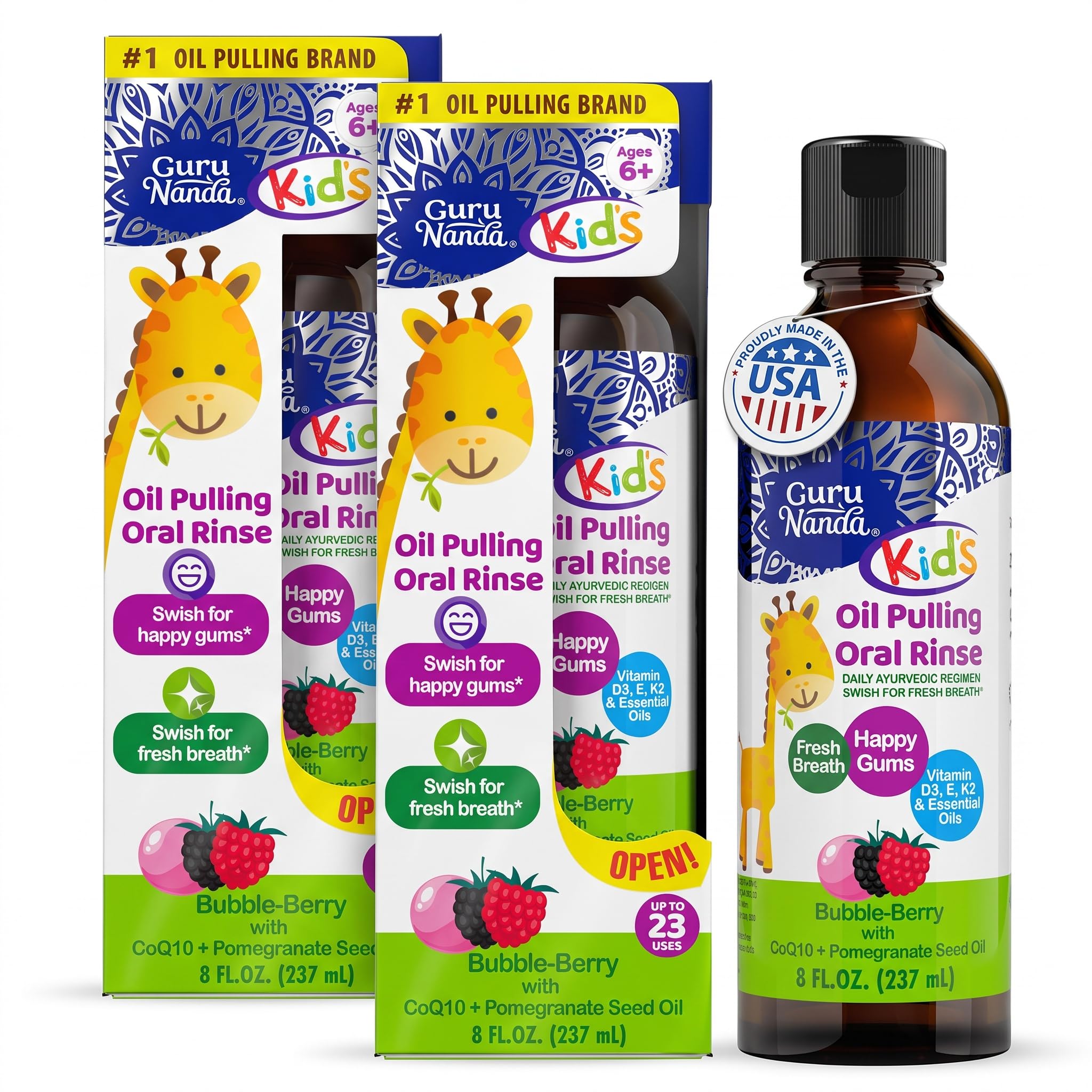 GuruNanda Kids Oil Pulling, Alcohol-Free Mouthwash, Essential Oils &amp; Vitamins for Fresh Breath &amp; Happy Gums for Ages 6 &amp; up, Natural Bubble Berry, 8 Oz (Pack of 2)