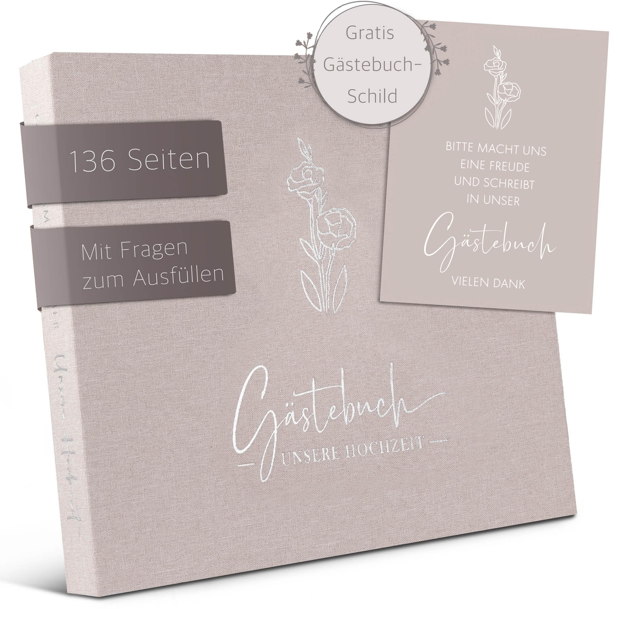 Love Notes Gästebuch Hochzeit mit Fragen zum Ausfüllen – Hochwertiges Hochzeitsbuch für unvergessliche Erinnerungen, Edle Silber Prägung, 70 Gästeeinträge, 21 x 23 cm, Leinen Hardcover (Sandbeige)