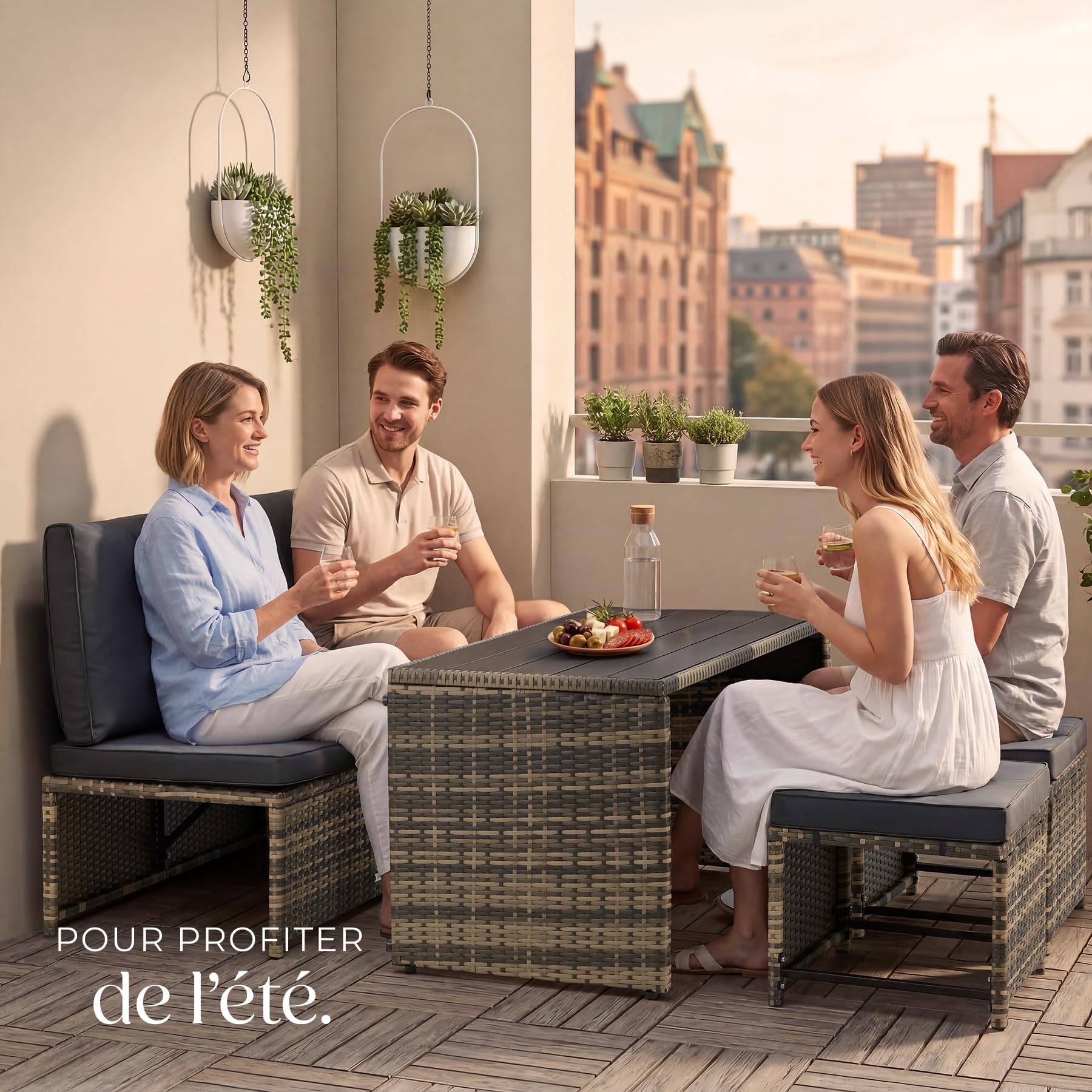 tectake® Salon de Jardin Exterieur 2en1, Modulable et Encastrable, Canape Exterieur et Repose-Pied ou Ensemble Table, Banc et Chaise extérieur, Salon de Jardin, Balcon, Terrasse, 4 Personnes