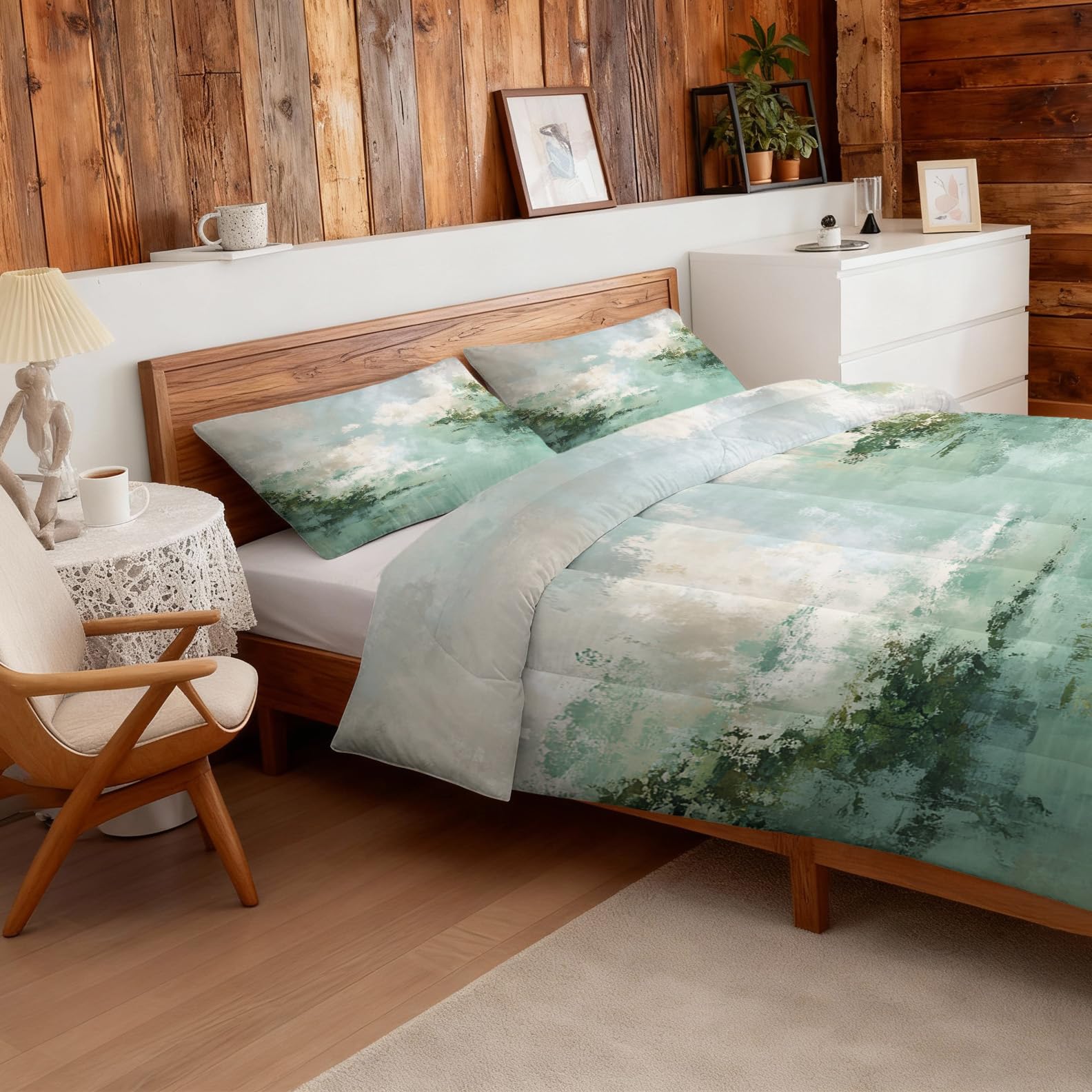 Generisch Grüne Bettdecke 155x220 4 Jahreszeiten, Ohne Bezug, 1 Kissenbezug 80x80, Abstrakt Modern Motiv Wende Steppdecke, Schlafzimmer Deko, Geschenke, Superweich - SE1496