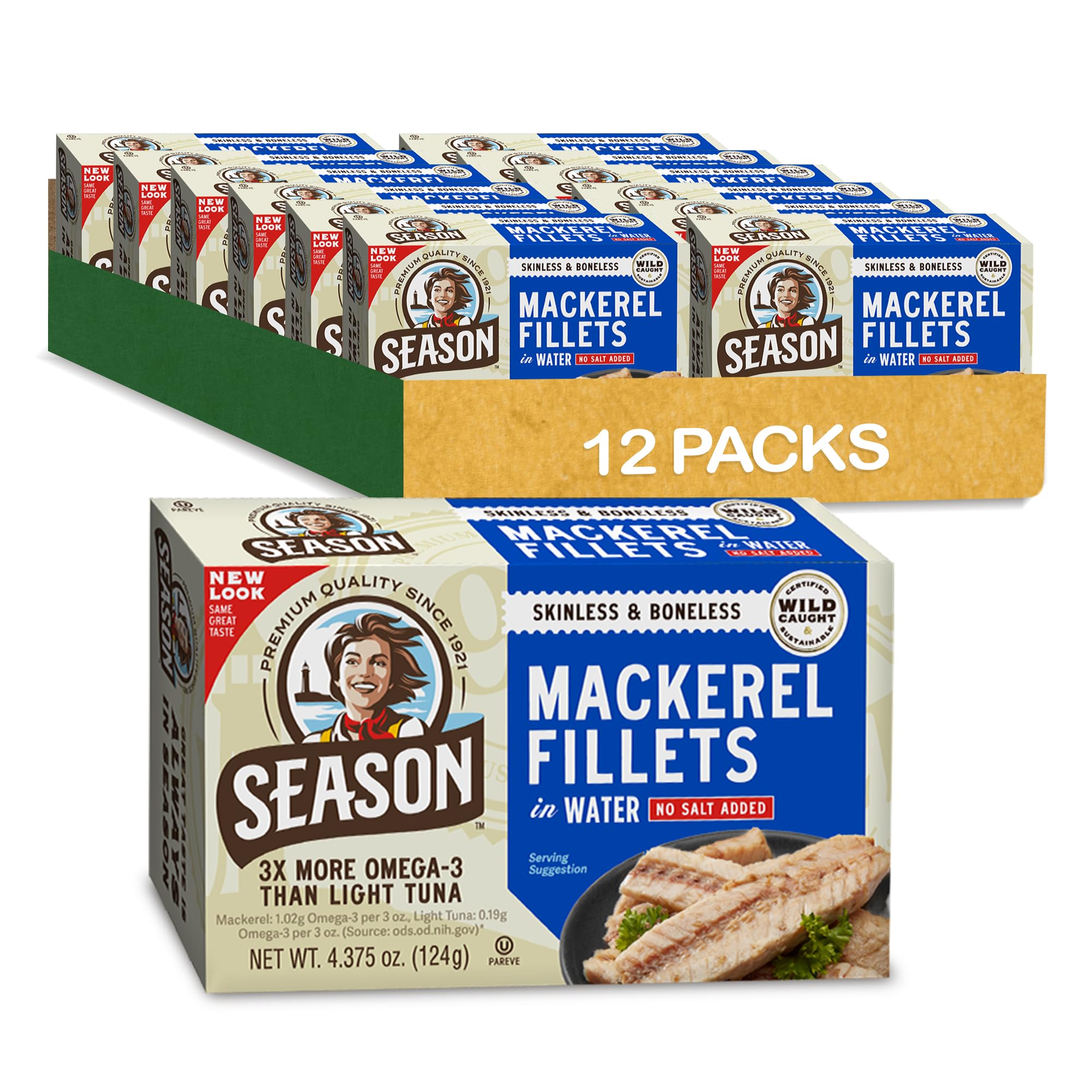 Season Mackerel in Water - Skinless & Boneless, No Salt Added, Wild Caught, Keto Snacks, Canned Mackerel Fillets, Full of Vitamins, Low in Mercury, Kosher, Non-GMO, 20g of Protein - 4.37 Oz, 12-Pack