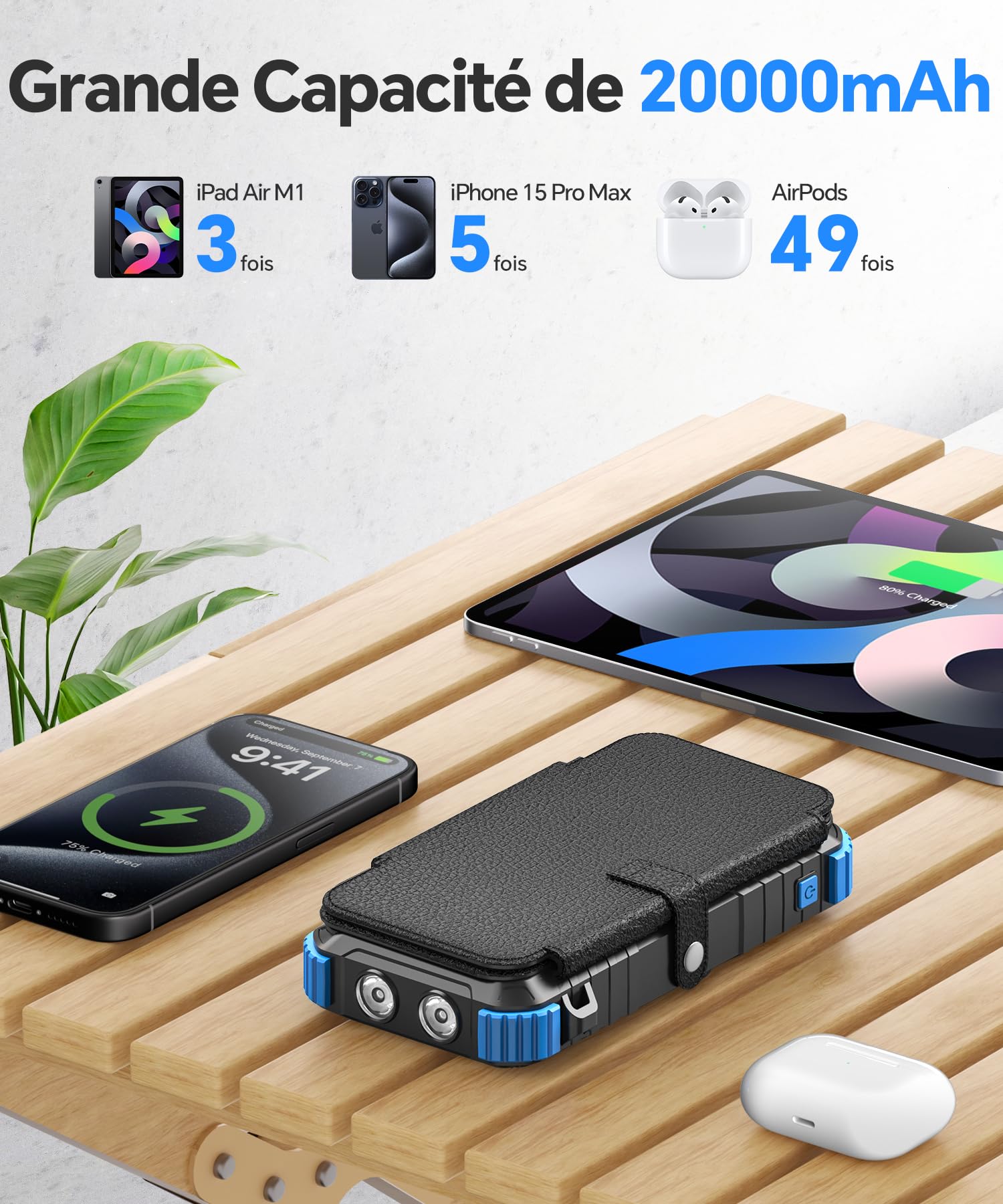 Chargeur Solaire 20000mAh avec 4 Panneaux Solaires, USB C 15 W Charge Rapide, 5 Sorties et 3 Câbles, Batterie Externe Solaire pour l'extérieur avec Mousqueton et Lampes de Poche pour Téléphones