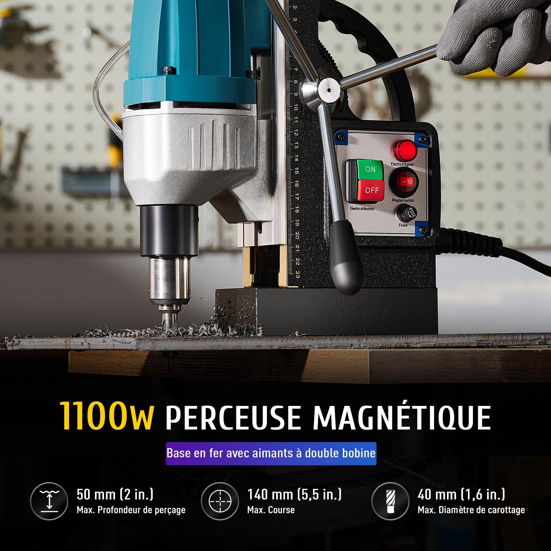 ZELCAN 1100W Perceuse Magnétique Portable Diamètre 40mm Profondeur 50mm Carotteuse Magnétique avec 11 Mèches 12000N 550 tr/min avec Moteur en Cuivre