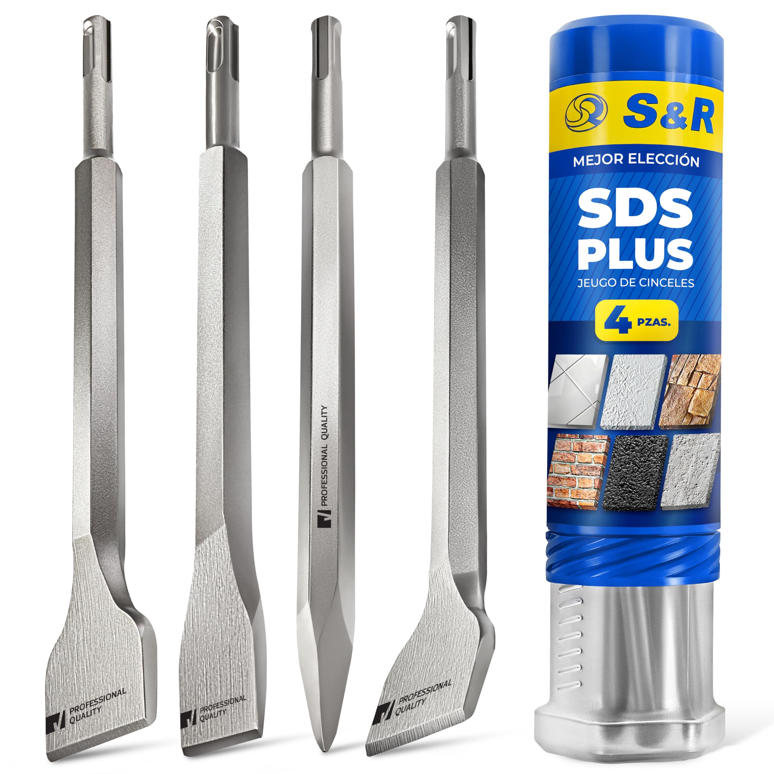 S&R Cincel Sds Plus. Juego de 4 Cinceles SDS-Plus Azulejos Albañilería Hormigón Piedra para Taladro Bosch Makita Metabo y otras marcas