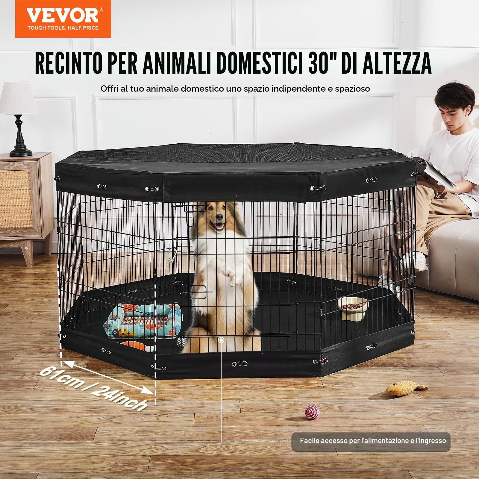 VEVOR Recinto per Cani, Confezione 8 Pannelli 760 mm x 610 mm Box per Cani Pieghevole in Metallo, Recinto per Cani per Interni Esterni con Porta, Imbottitura Fondo, Copertura Superiore, per Cani Gatti