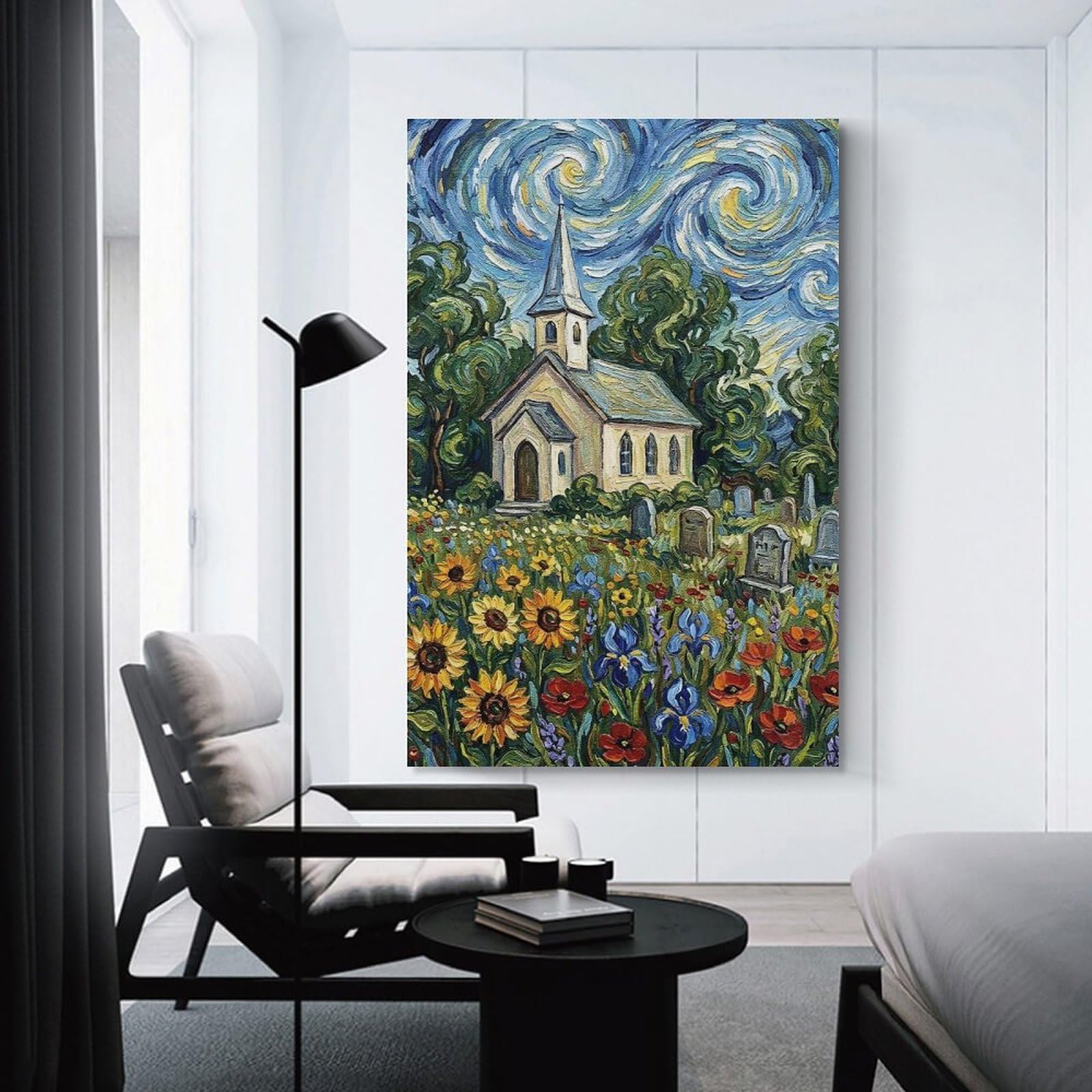 Junmoney Church And Cemetery in Floral Field Room Decor Wall Art, 24x36inch(60x90cm), for Office, Study Or Home Workspace, Decorative Artwork for Productive Spaces
