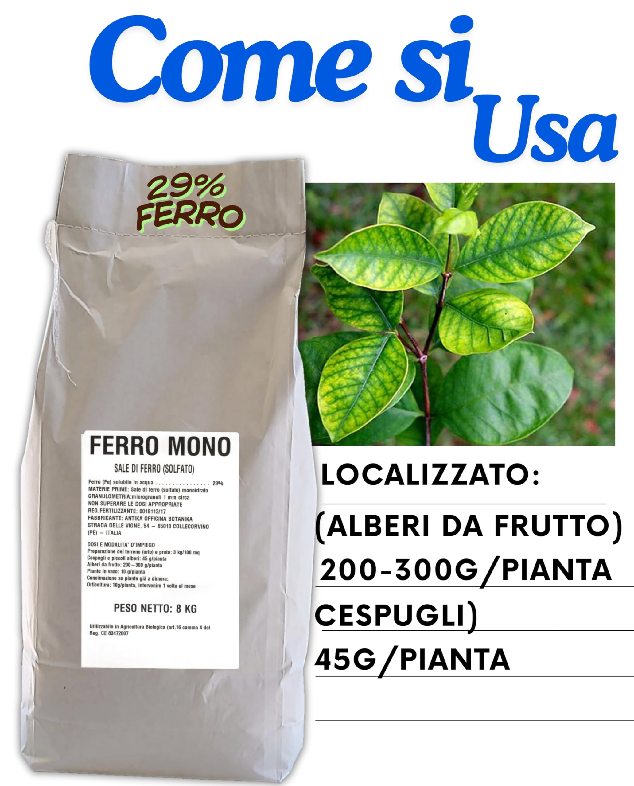 [Bioki] Ferro microgranulare ad elevato contenuto di ferro solubile [elimina muschio] [acidificante del terreno] [Concime Rinverdente busta da 8 Kg] orticoltura, giardinaggio, frutticoltura.