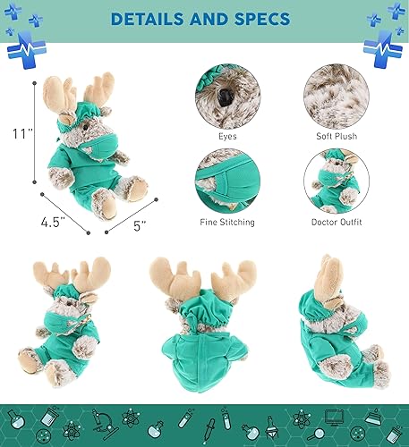 Miniatura 3 de DolliBu Juguete de peluche de doctor de alces sentados, disfraz de animal de peluche súper suave con bonito uniforme médico y traje de gorra, regalo