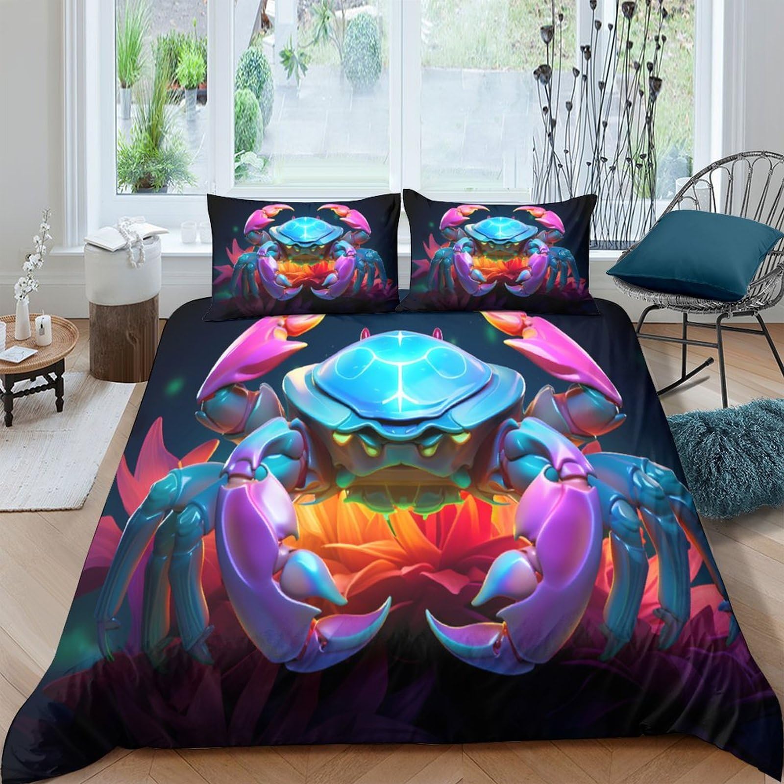 Ctjqhvkz Style-6 3D Printed Neon Crab Fitted Sheet Microfiber Colorful Ocean Bed Cover For Bedroom Dorm Mattress Protection Decor Single（135X200cm）