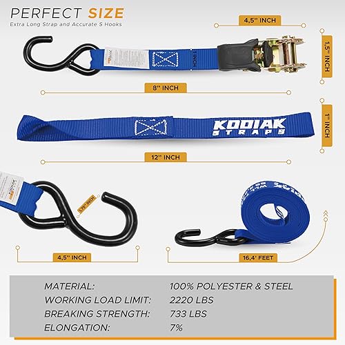 Vista 19 de KODIAK STRAPS Juego de correas de trinquete resistentes con 2200 correas de amarre de resistencia a la rotura, 1 pulgada x 17 pies, paquete de 4