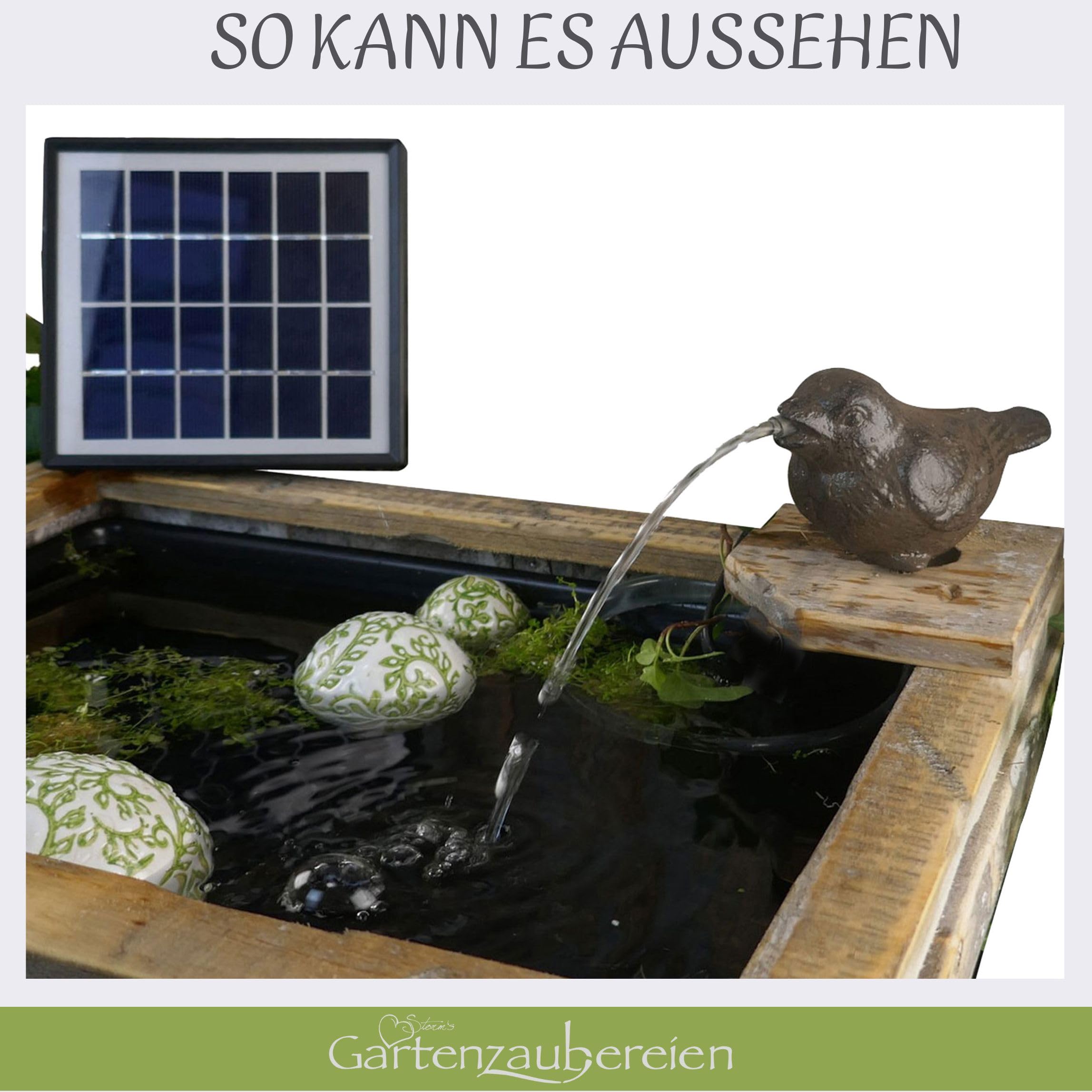 Wasserspeier Spatz inkl.Solar- Pumpe Gusseisen Teichdeko