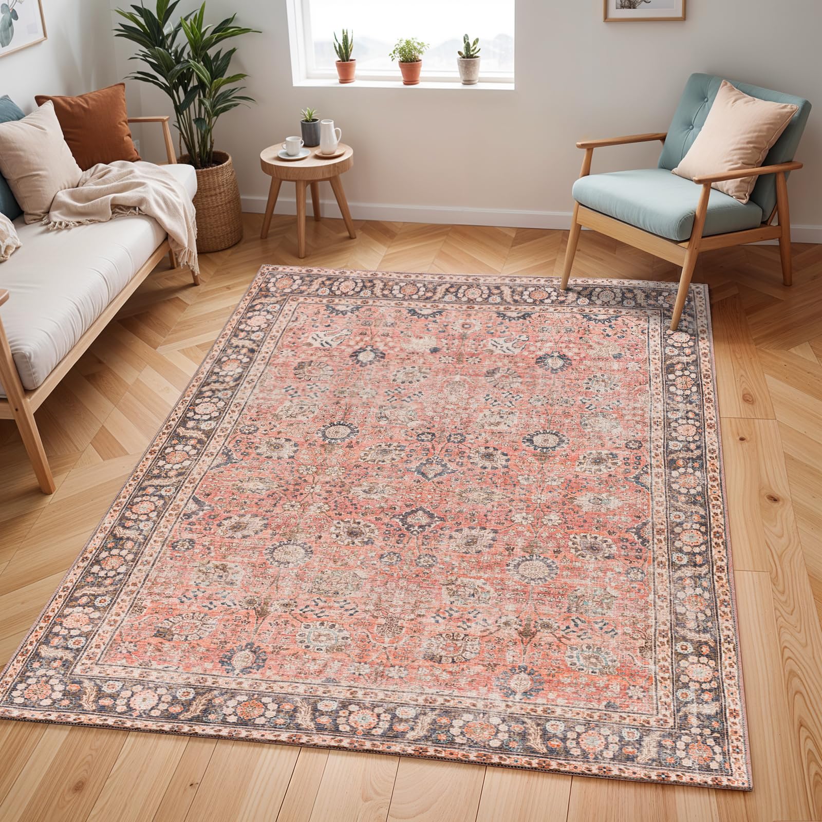Livabliss Peyton Terjit Washable Carpet 160x220 cm, Living Room, Kitchen & Hallway, Vintage Boho Style, Easy Care, Rust Brown Charcoal