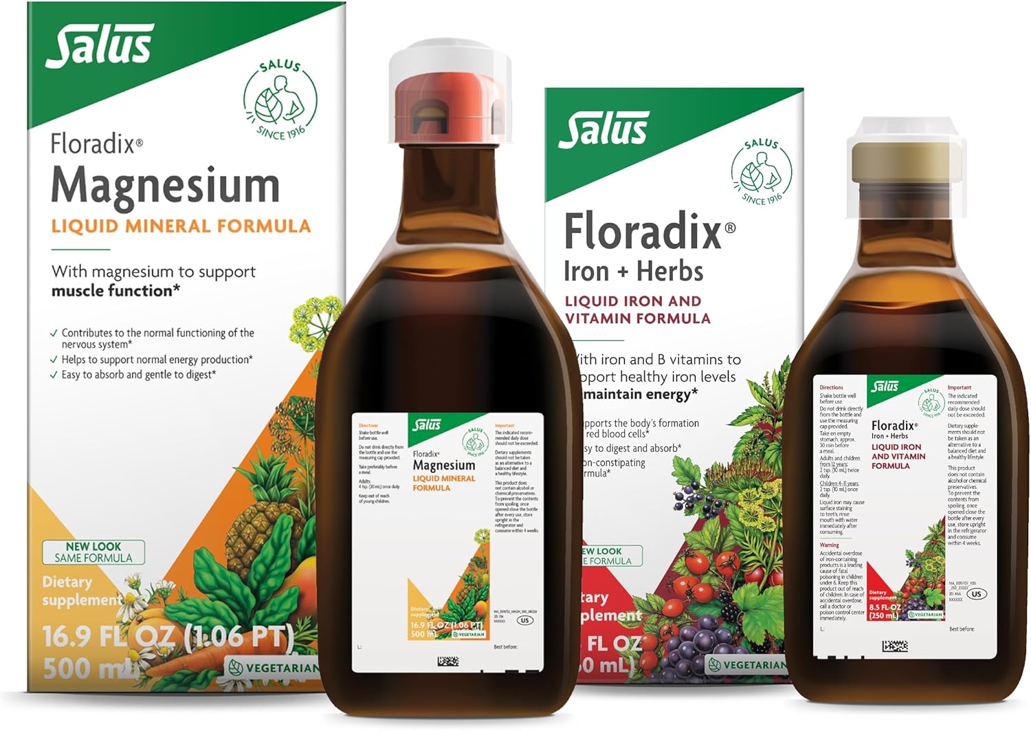 Floradix by Salus Magnesium (16.9 oz) & Iron & Herbs (8.5 oz) Bundle - Magnesium for Bone Support, Digestive Health & More* - Iron Supplement for Healthy Energy Support*