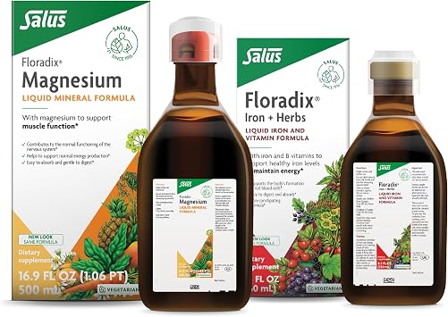 Floradix by Salus Magnesium 16.9 oz & Iron & Herbs 8.5 oz Bundle - Magnesium for Bone Support, Digestive Health & More* - Iron Supplement for Healthy Energy Support*