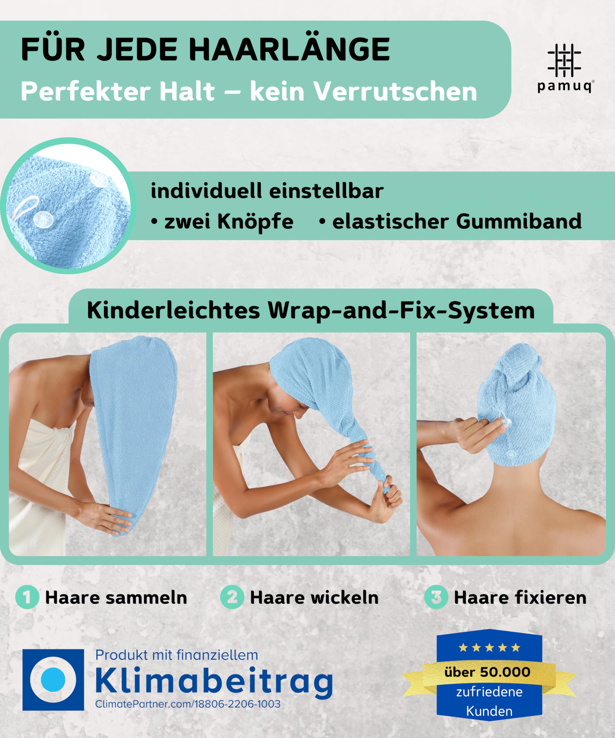 Haarturban aus 100% Baumwolle (Hellblau) – 2er Set Haarhandtücher mit Knopf, schnelltrocknendes Haartrockentuch für nasse & Lange Haare, weiches Turban Handtuch Damen