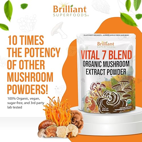 Miniatura 10 de Ellie's Best Suplemento orgánico de mezcla de extracto de polvo de 7 hongos, 114 porciones Cordyceps de doble extracción de alta potencia, Reishi,