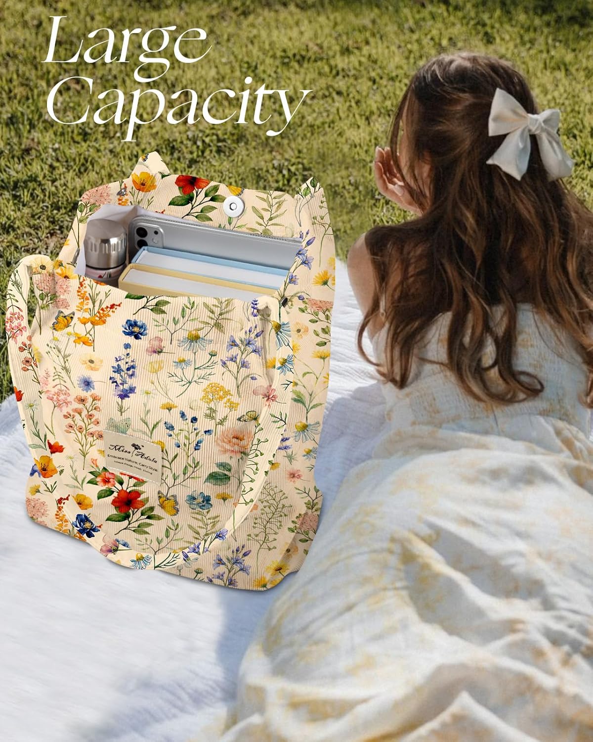 Miss Adola Aesthetic 2 Pack Corduroy Tote Bag - with Makeup Pouch Bag for Women Reusable Grocery Bag for Gym, Travel, Work - Image 5