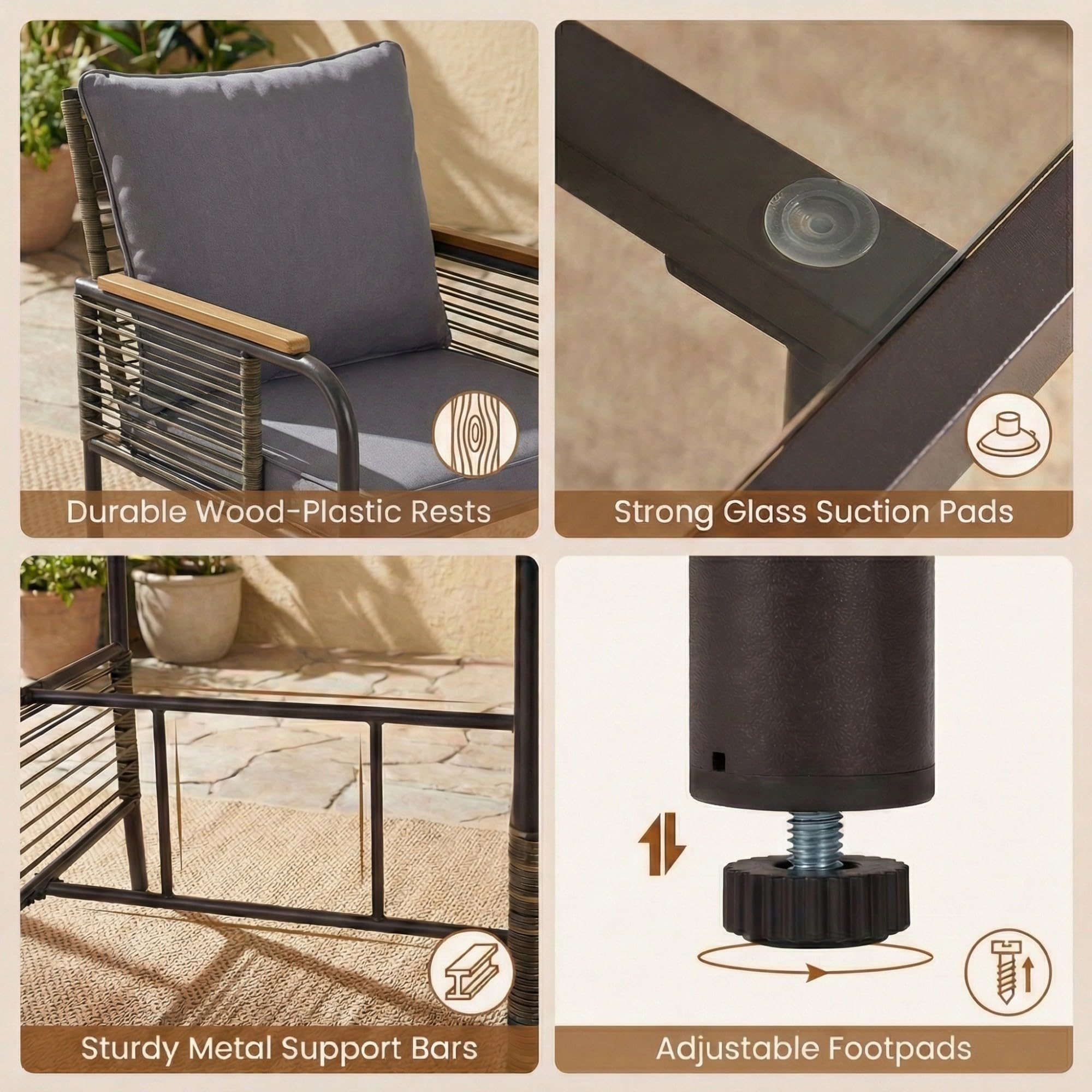 LIFEZEAL - Conjunto de jardín de 3 piezas de ratán con mesa y 2 sillas con cojines, juego de bistró para balcón, porche, jardín, patio (gris)