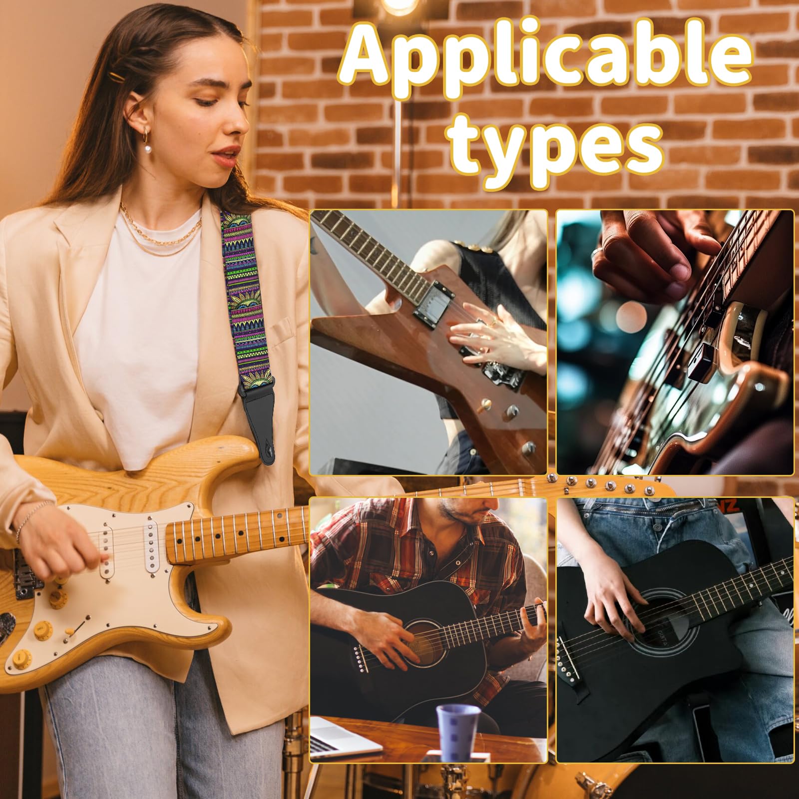 Feibety Guitar Strap,Retro Bohemian Pattern Nylon Personalised Locks Acoustic Guitar Strap for Acoustic,Classical,Electric and Bass Guitars,Best Gifts for Adult & Kids,Guitarists - Image 4