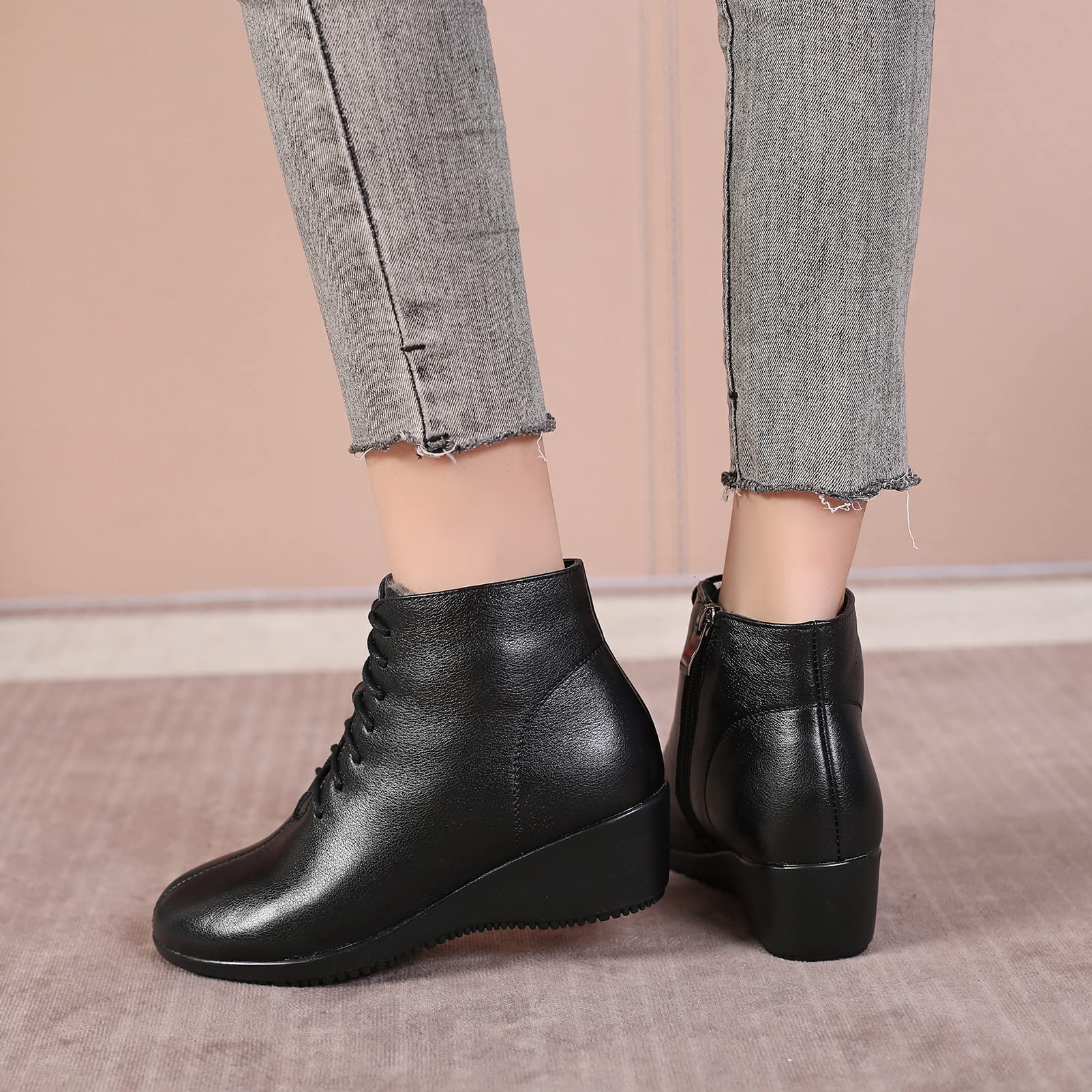 Mujer Moda Piel Genuina Botas Cuña con Cordones Botines de Invierno con Forro de Cuero/Forro de Felpa Caliente