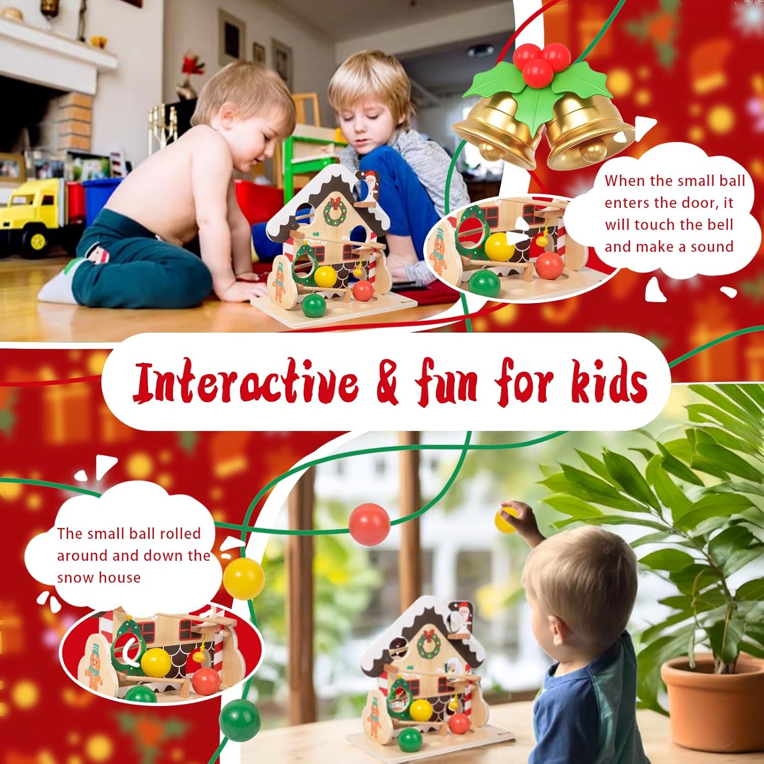 Adena Montessori Ball Drop Marble Run Tracker Toy, Wooden Gravity Maze for Toddlers 1-3 Year Old, Developmental Learning Toys for Boys & Girls, Ideal Santa STEM