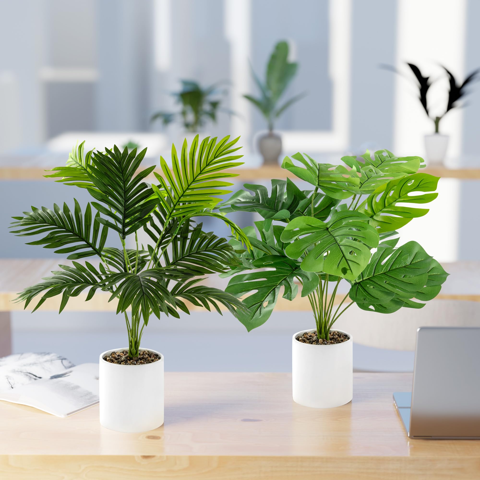 PASCH® 2er Set Monstera künstlich und Areca Kunstpalme (60cm) in weißen Keramiktöpfen: Kunstpflanzen groß | Kunstpflanzen wie echt | Fake Plant | Künstliche Pflanzen im Topf