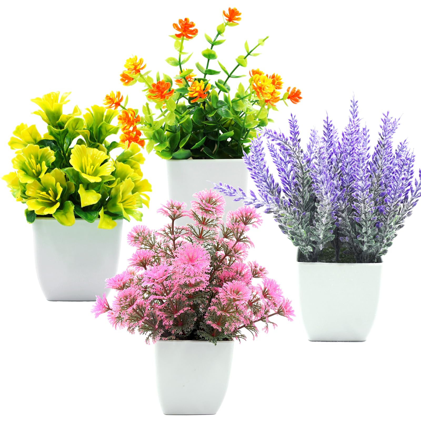 Auolen Fake Potted Plants - Set of 4 Artificial Potted Flowers Faux Plants Lavender in White Pot Plastic Flowers Bonsai for Indoor Outdoor Home Kitchen Office Desktop Wedding Decor