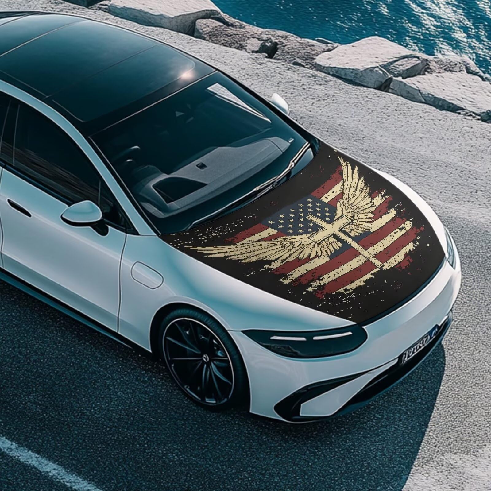 Whosucclay American Flag Cross Hood Covers for Cars an All-Weather Waterproof Car Cover with a Windshield Snow Cover — view 2