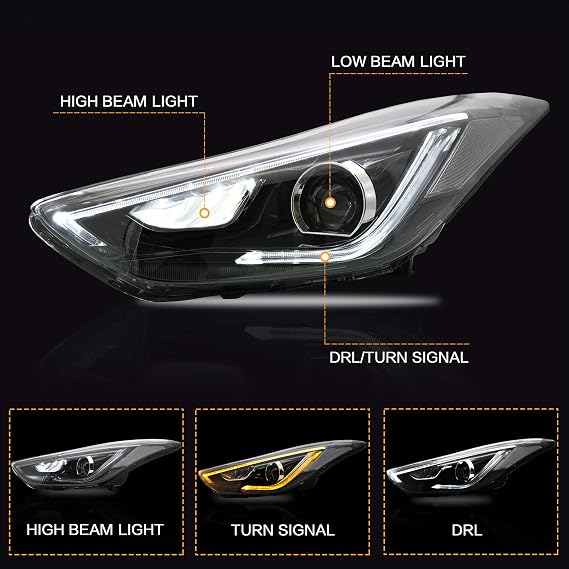 VLAND Headlights Assembly Fit for Hyundai Elantra 2012-2015 & Elantra Coupe 2013 2014 (Not for Hybrid) W/DRL, LED Front light with Turn Signal, Plug-n-Play Headlamp