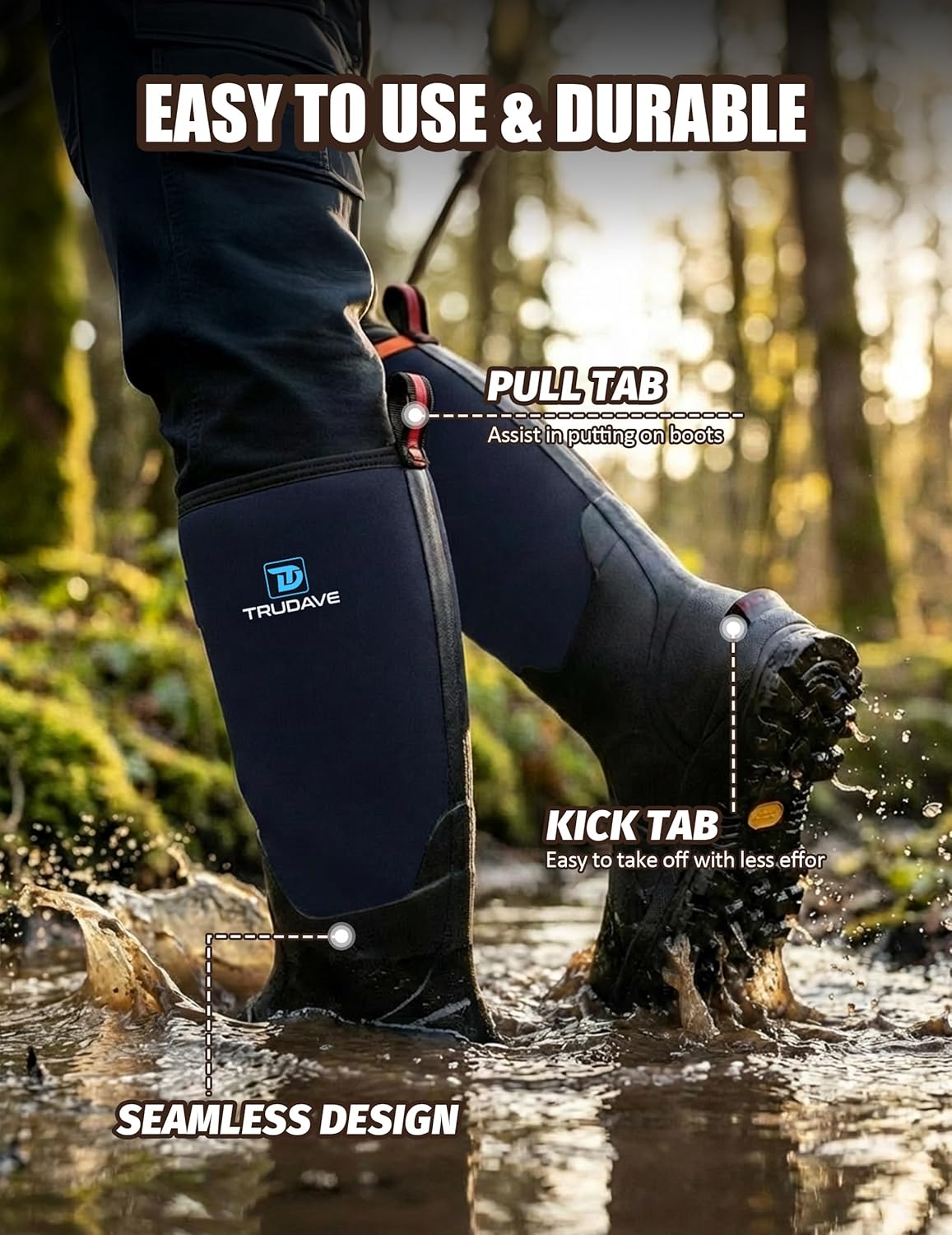 Trudave Rubber Boots for Men, Waterproof Rain Boots with Steel Shank & Reinforced Shell, 5mm Neoprene Insulated Knee Mud Boots for Outdoor Work Hunting Farming Fishing