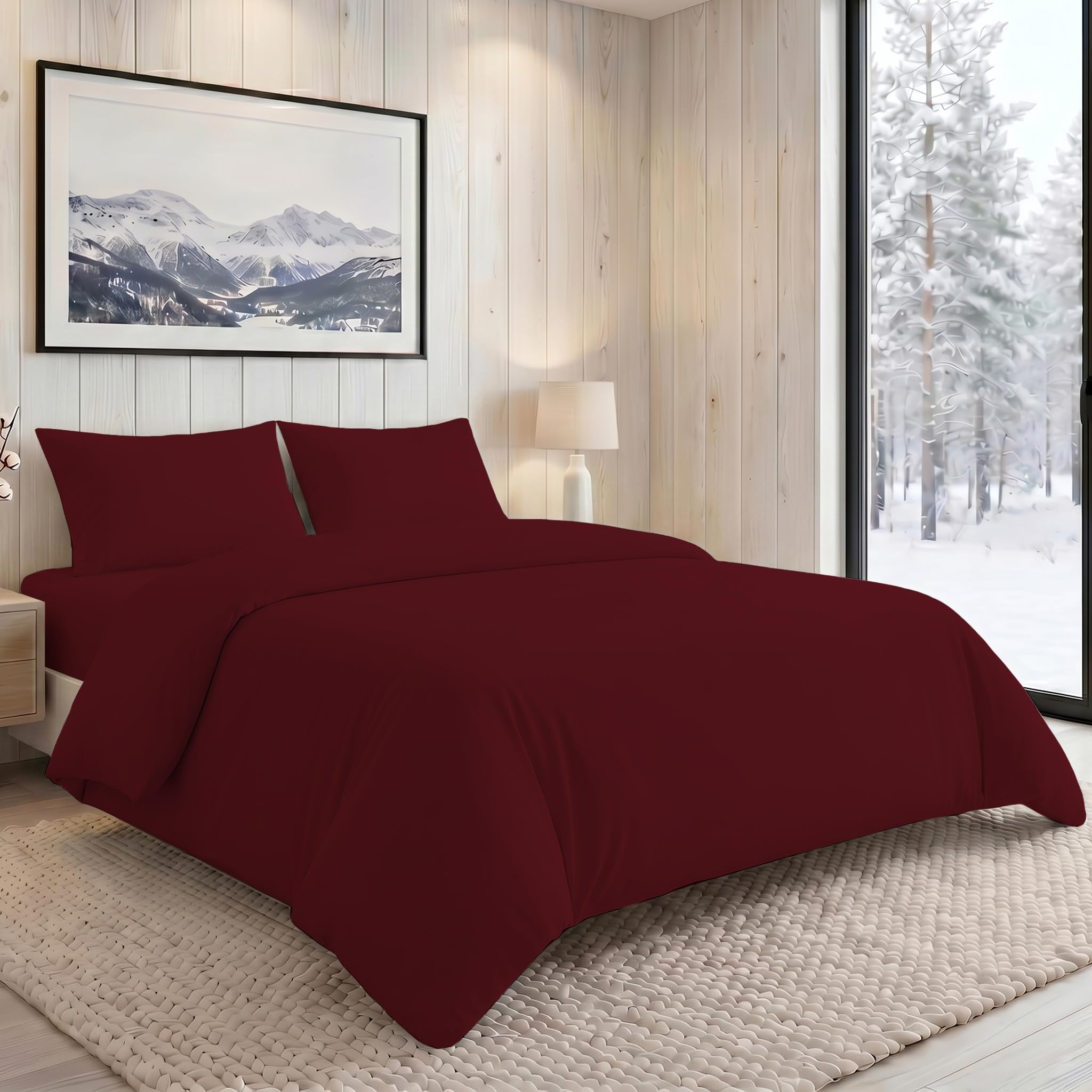 MistyMorning Double Duvet Cover Set with Pillowcases, Soft & Premium Brushed Microfibre Bedding OEKO-TEX Certified, Hypoallergenic and Fade Resistant Secure Zipper Closure (Burgundy, Double)
