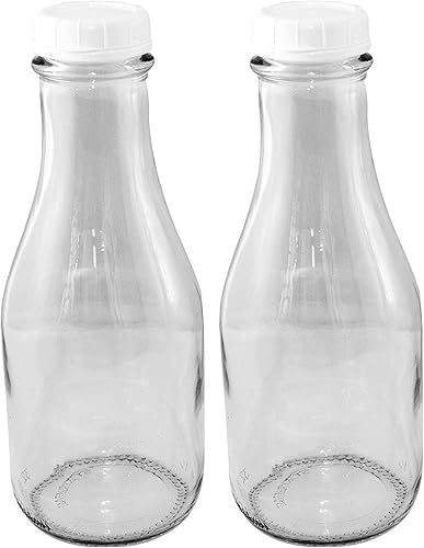 Miniatura 2 de The Dairy Shoppe Botella de leche de vidrio de 1 cuarto de galón de 32 onzas de alto/estilo redondo con tapas a presión y boquillas de vertido