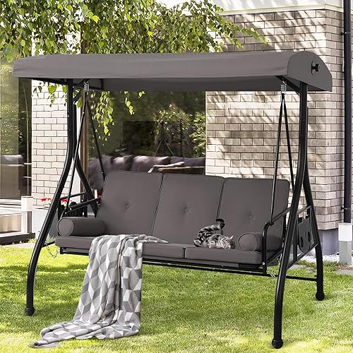 Miniatura 7 de Columpio de porche al aire libre de 3 asientos con toldo ajustable, cama convertible con soporte, planeador de patio con cojín, almohada y soporte