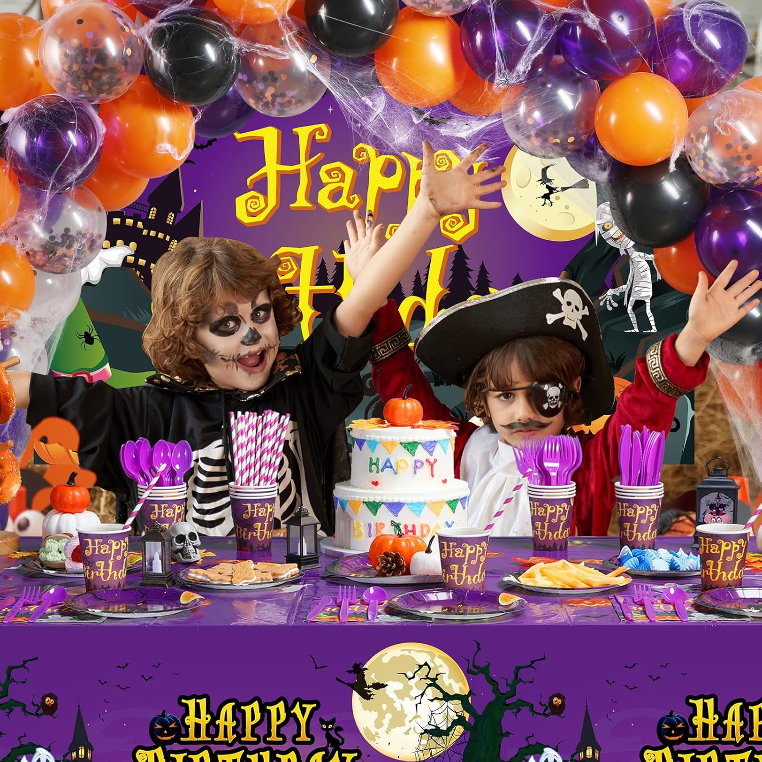 277 PCS Halloween Party Supplies Full Set Happy Birthday Decoration Backdrop Balloons Disposable Plates Tablecloth for Halloween Home Decor and Tableware, Serves 24