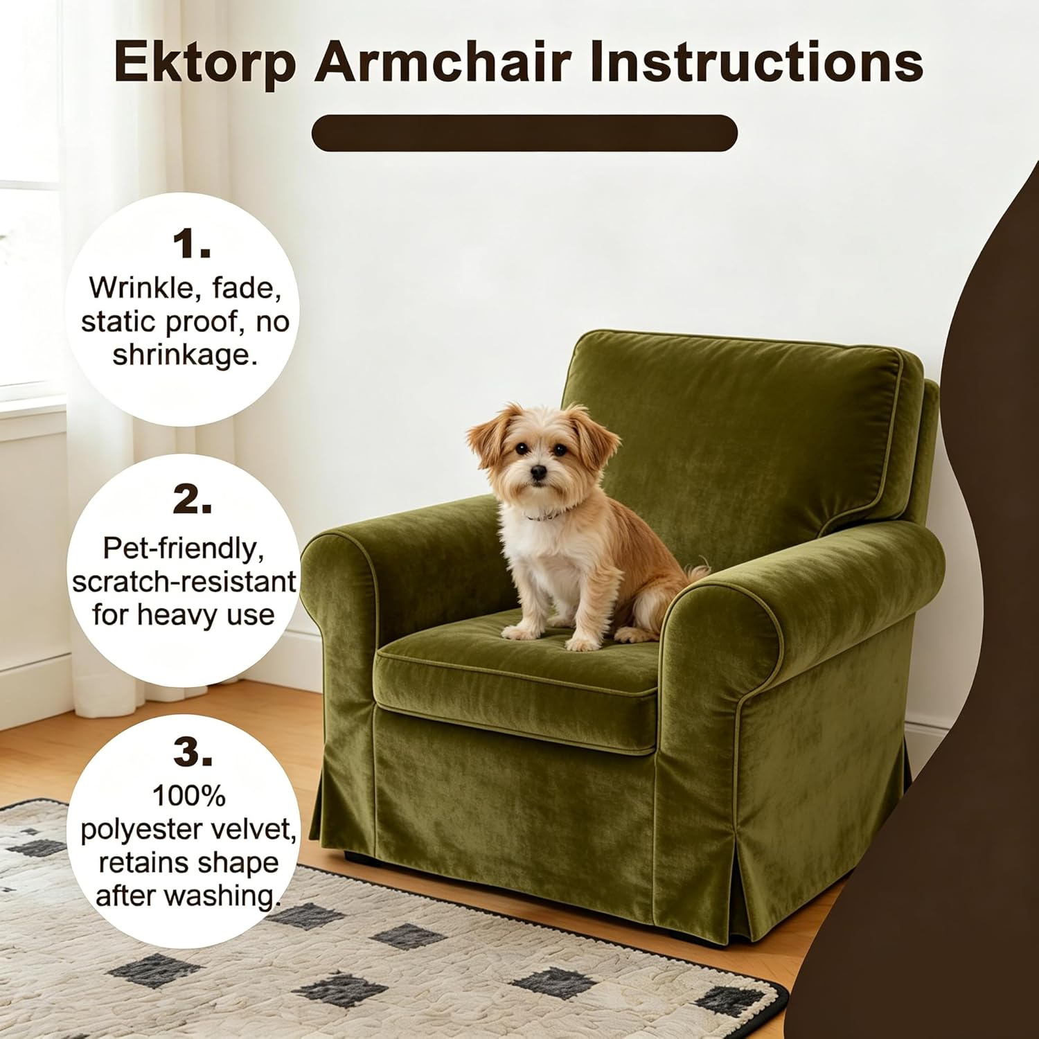 Velvet Pet-Friendly Replacement Ektorp Armchair Cover Compatible for IKEA Ektorp Armchair Slipcovers, 3-Piece Chair Cover Only, Green, Couch Covers Not Include The Sofa Body