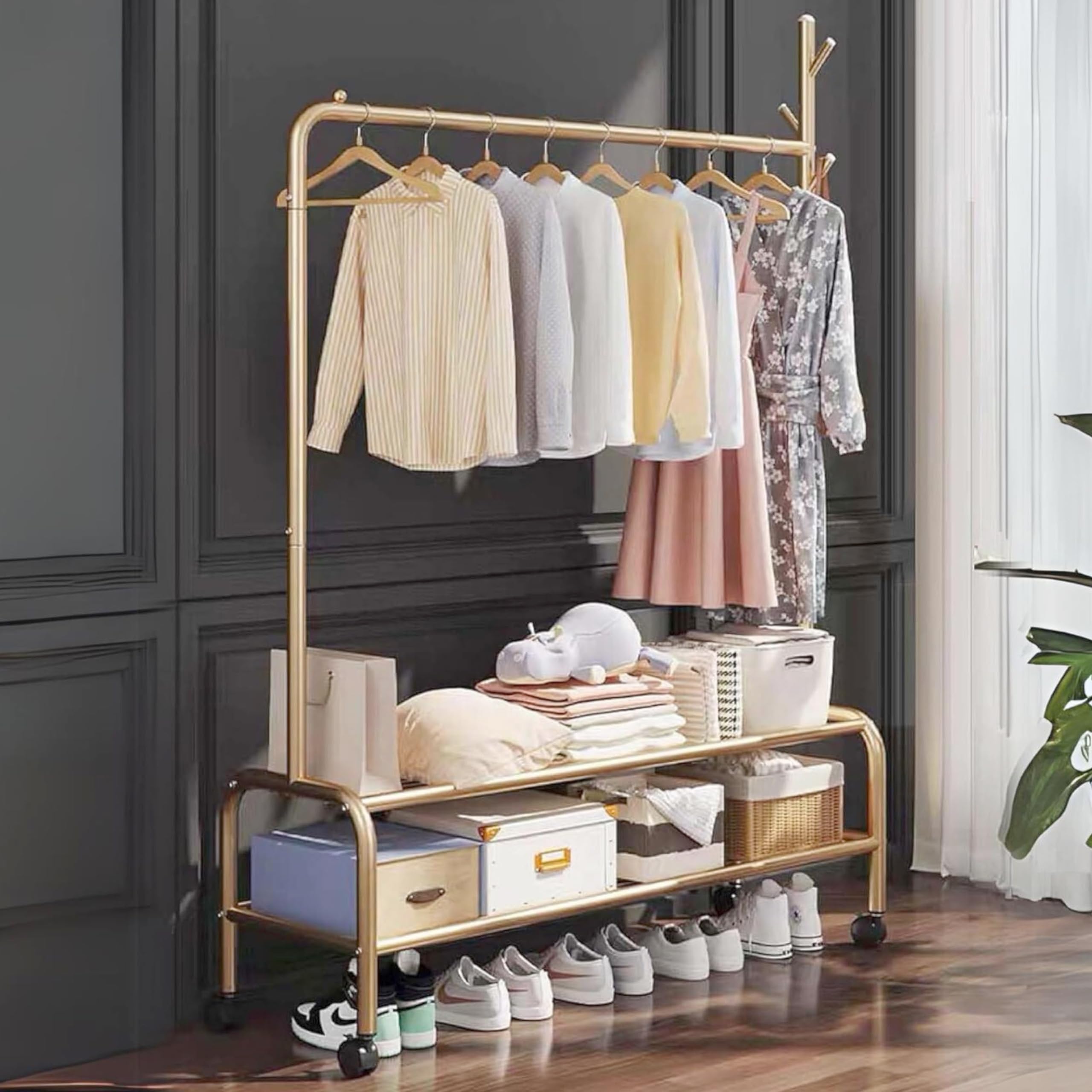Lukzer | MGR-008 | Gold | Metal Garment Rack with Wheels & 2 Bottom Shelves – Freestanding Clothes Stand & Storage Organizer for Bedroom, Living Room, Shop Display & More | 173 x 110 x 34 cm
