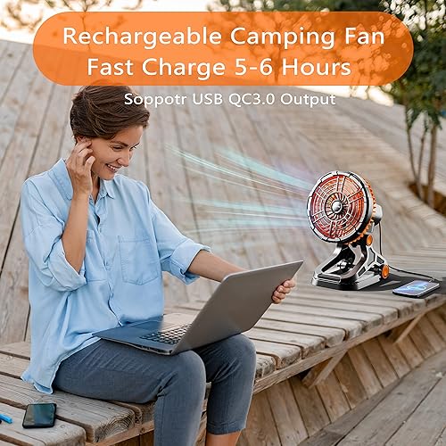 Miniatura 3 de Ventilador portátil recargable, batería de 22000 mAh, ventilador de campamento con luz LED, ventilador de escritorio oscilante de 360 con
