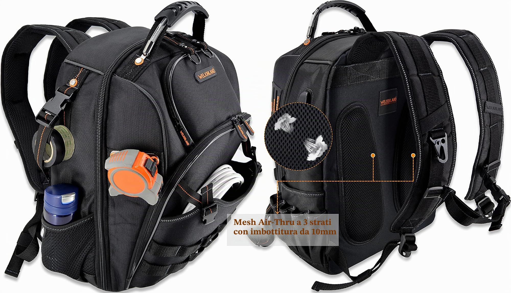 WELKINLAND Zaino Professionale per Elettricisti con 66 Tasche, Resistente da Cantiere per Attrezzi