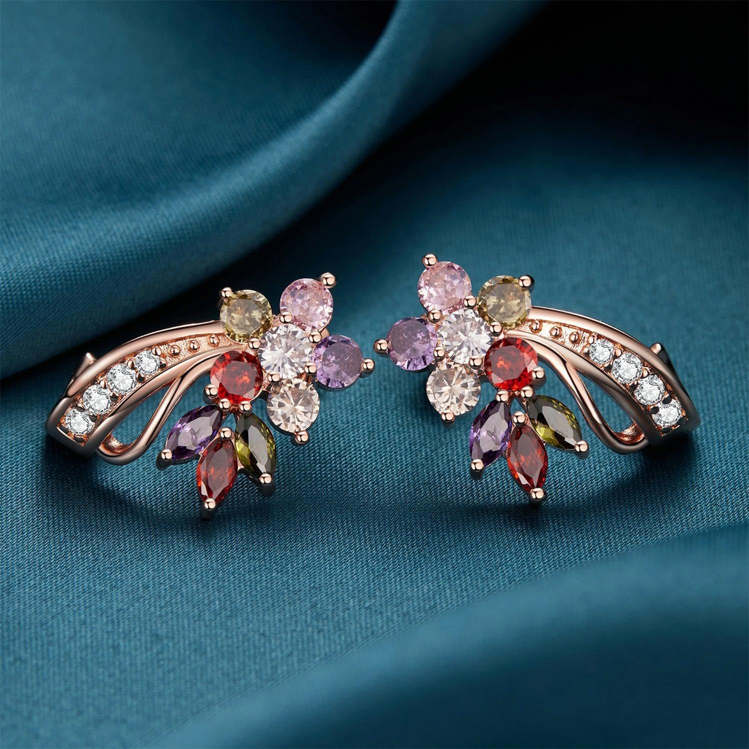 Rose Gold Plated 14K Flower Stud Earrings Multicolor Cubic Zirconia Earrings for Women Jewelry Gifts - Image 2