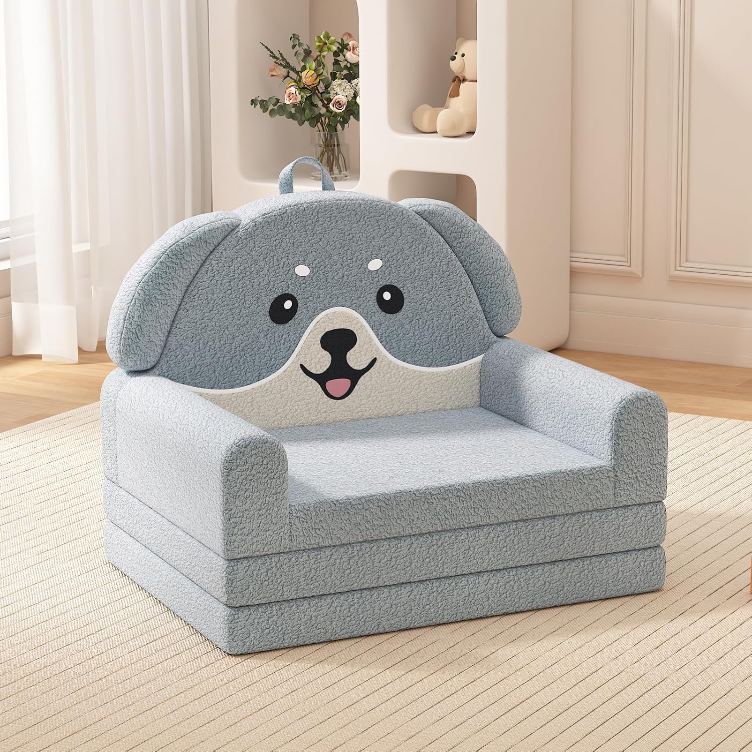 YACODAVO 2-in-1 Kids Couch, Soft Toddler Couch Fold Out for Girl and Boys, Dog Design Foldable Kids Sofa to Lounger, Convertible Kids Chairs Comfy, Gift for Birthday, Children's Day, Blue