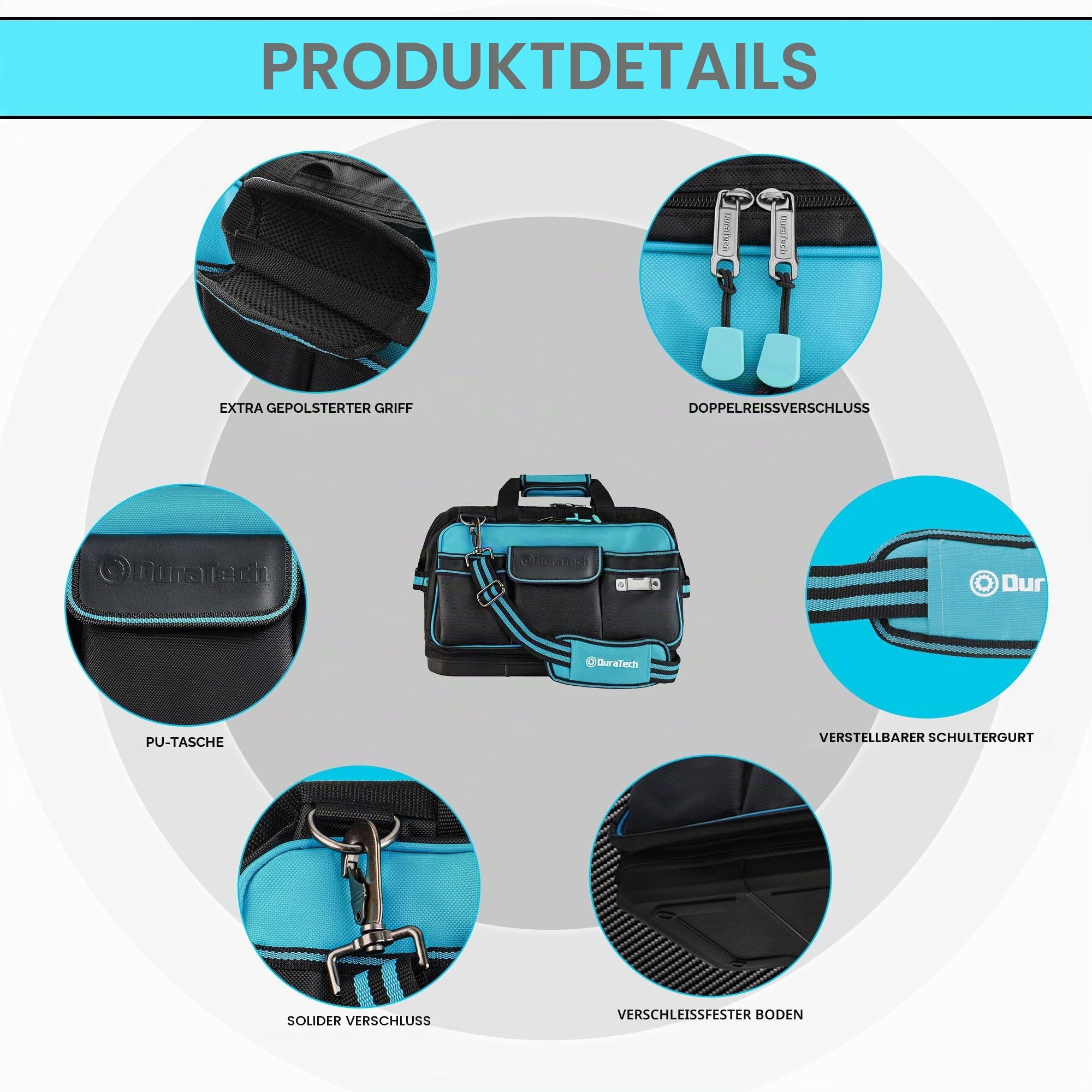 DURATECH Werkzeugtasche Elektriker 43cm, Wasserdicht, 32 Taschen | 840D Polyester, breite Öffnung, hohe Kapazität, verstellbarer Gurt, Clip-Design, für Heimwerker und Handwerker