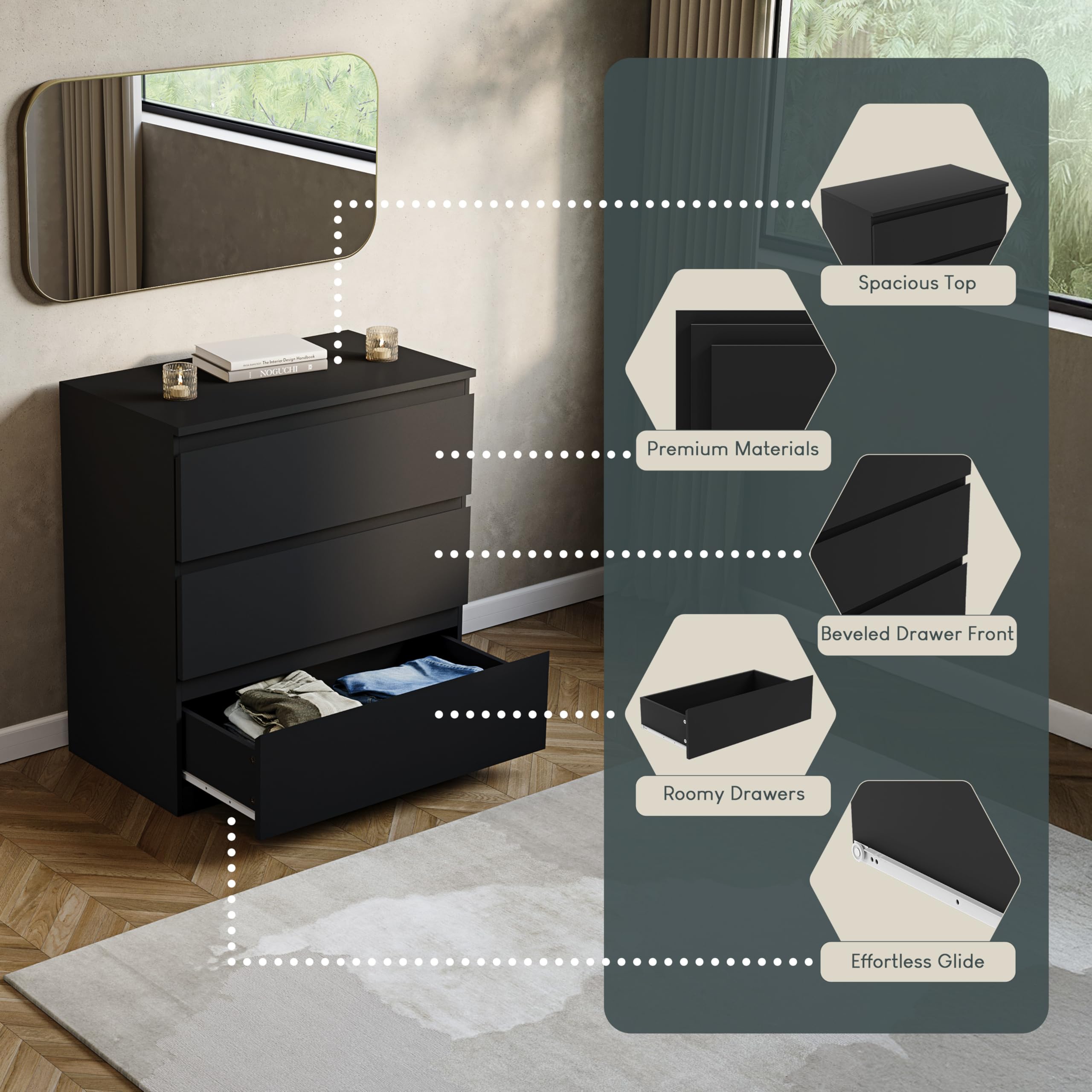 Vida Designs Denver Commode à tiroirs (Noir, 3 tiroirs)
