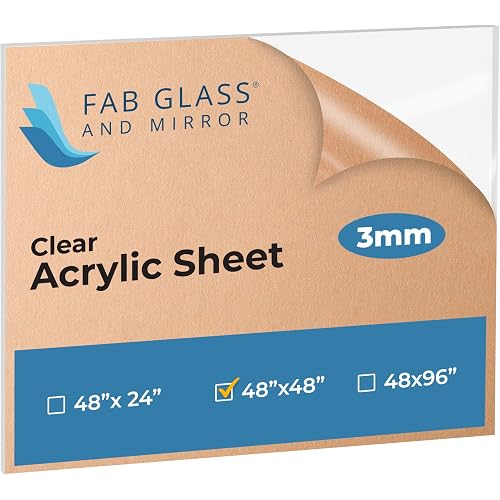 Clear Acrylic Sheet 48" x 48", 1/8 Inch Thick(3mm) Plexiglass Panel with Protective Film, Transparent Plastic Board for DIY, Signage, and Barriers by Fab Glass & Mirror