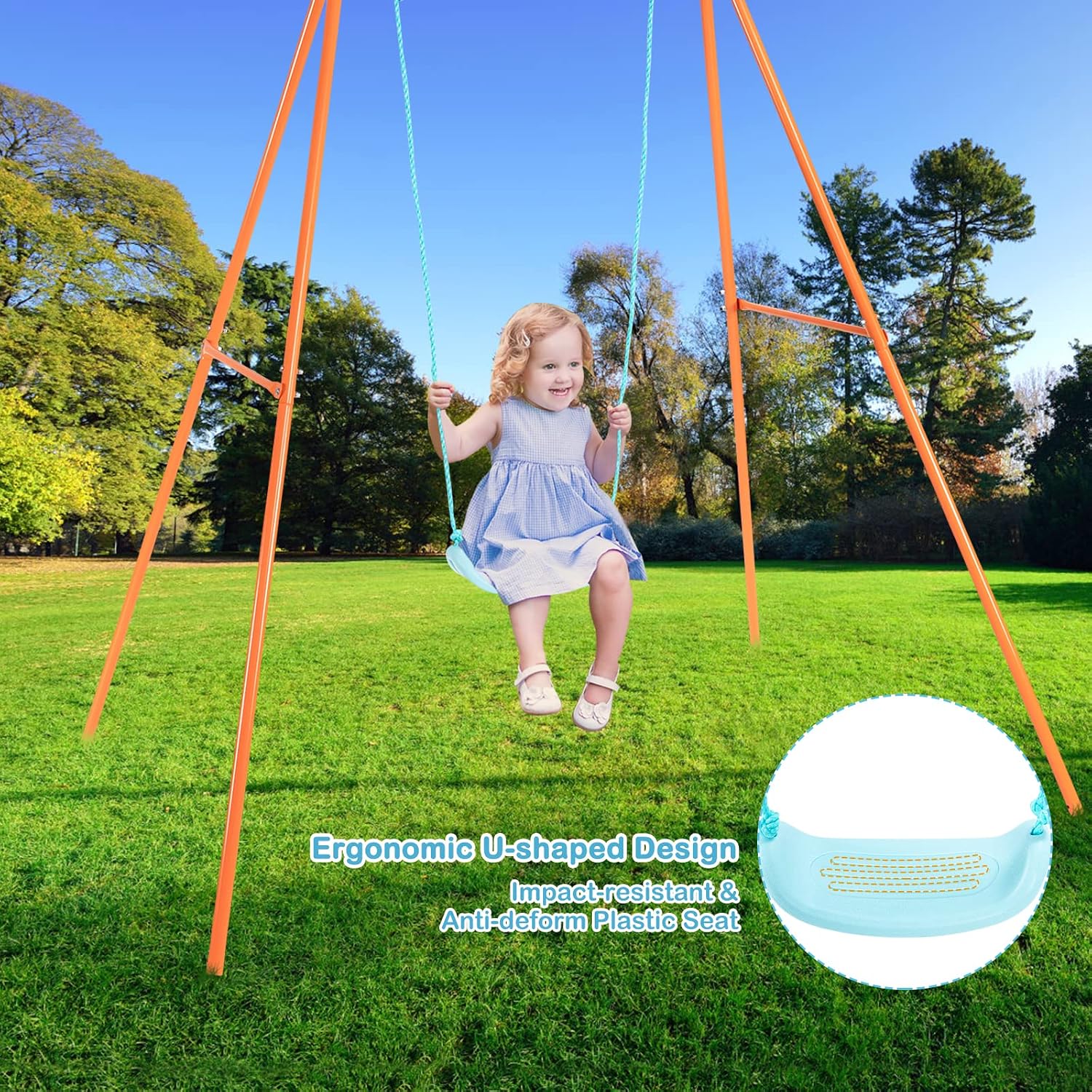 HONEY JOY Metal Swing Frame Set, Heavy Duty A-Frame Toddler Swing Stand with Belt Swing, 4 Ground Stakes, Outdoor Full Steel Swing Sets for Backyard (Orange)